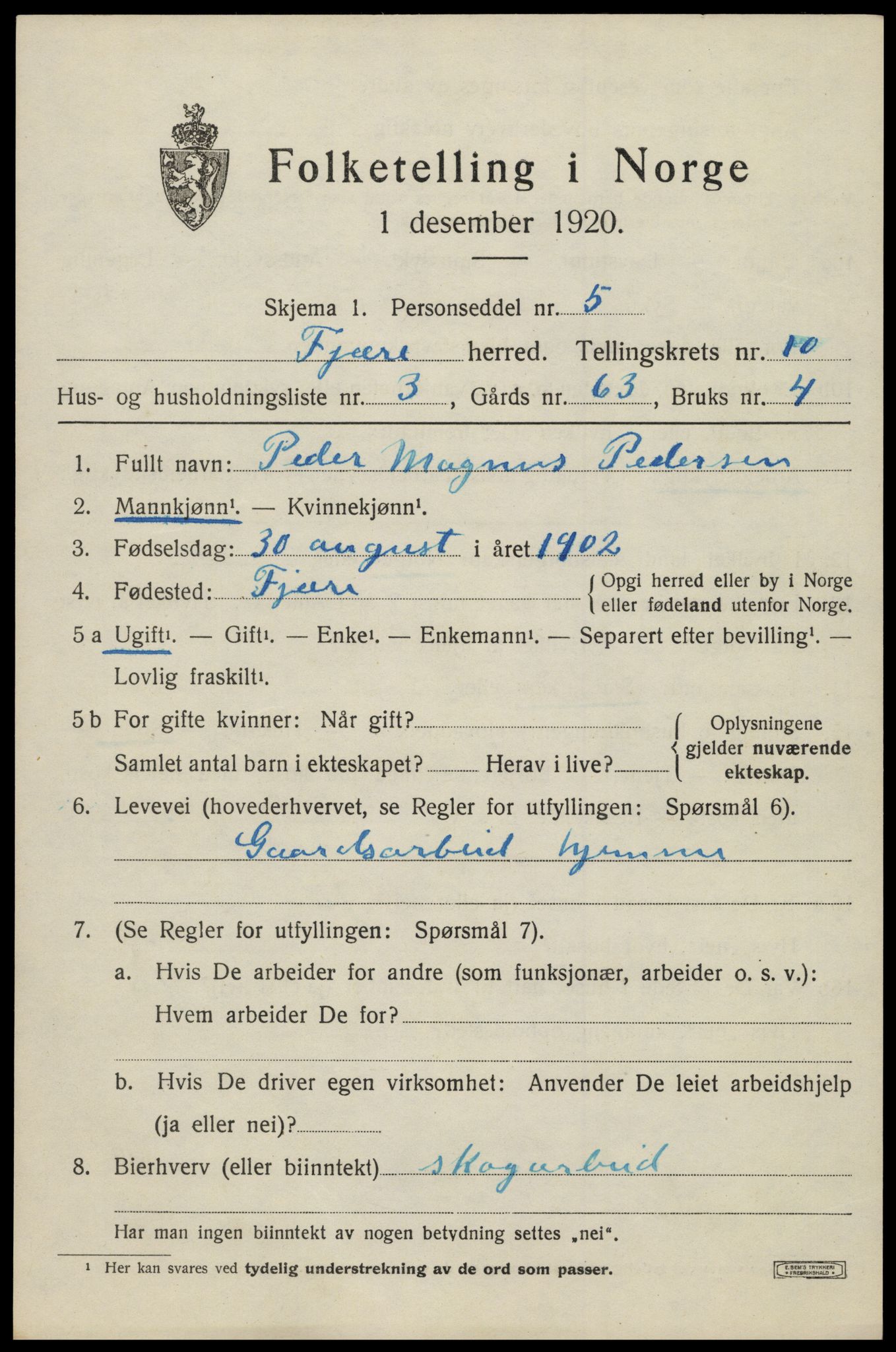 SAK, Folketelling 1920 for 0923 Fjære herred, 1920, s. 11435