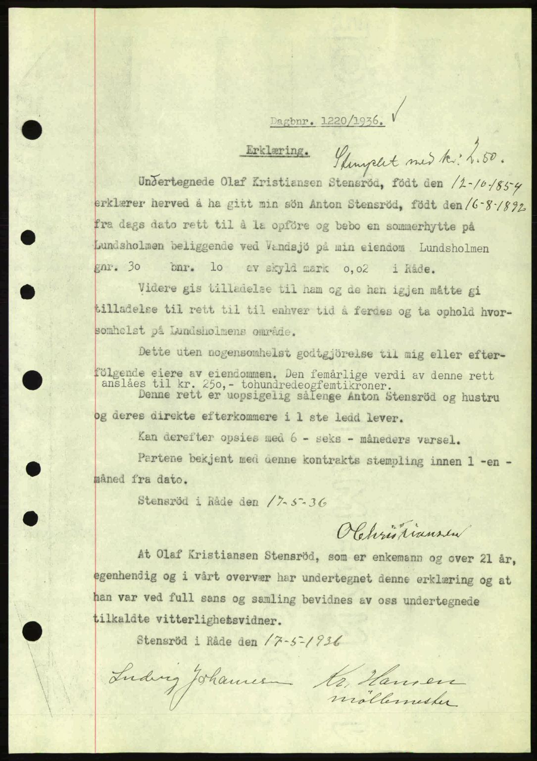 Moss sorenskriveri, SAO/A-10168: Pantebok nr. A1, 1936-1936, Dagboknr: 1220/1936