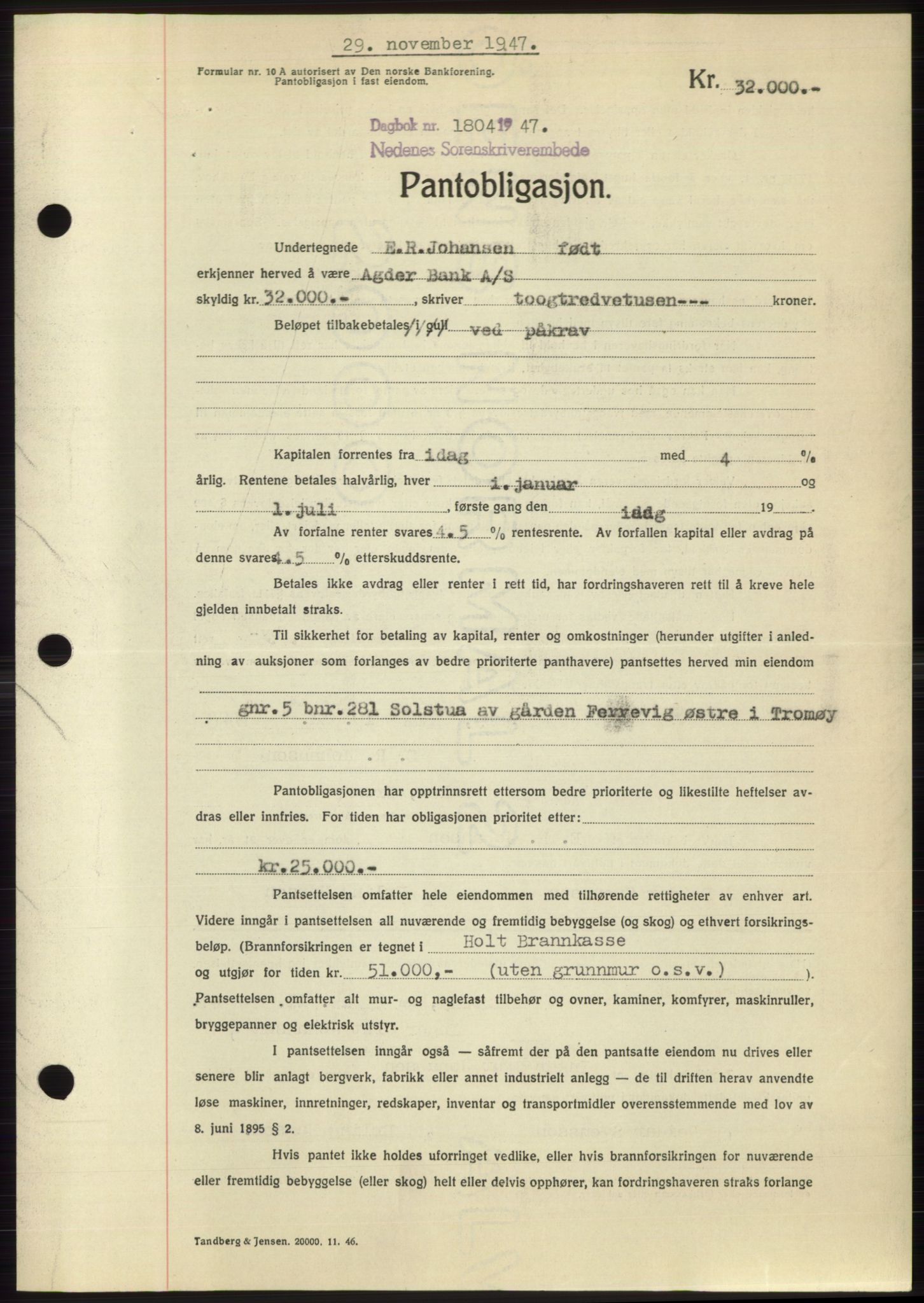 Nedenes sorenskriveri, AV/SAK-1221-0006/G/Gb/Gbb/L0004: Pantebok nr. B4, 1947-1947, Dagboknr: 1804/1947