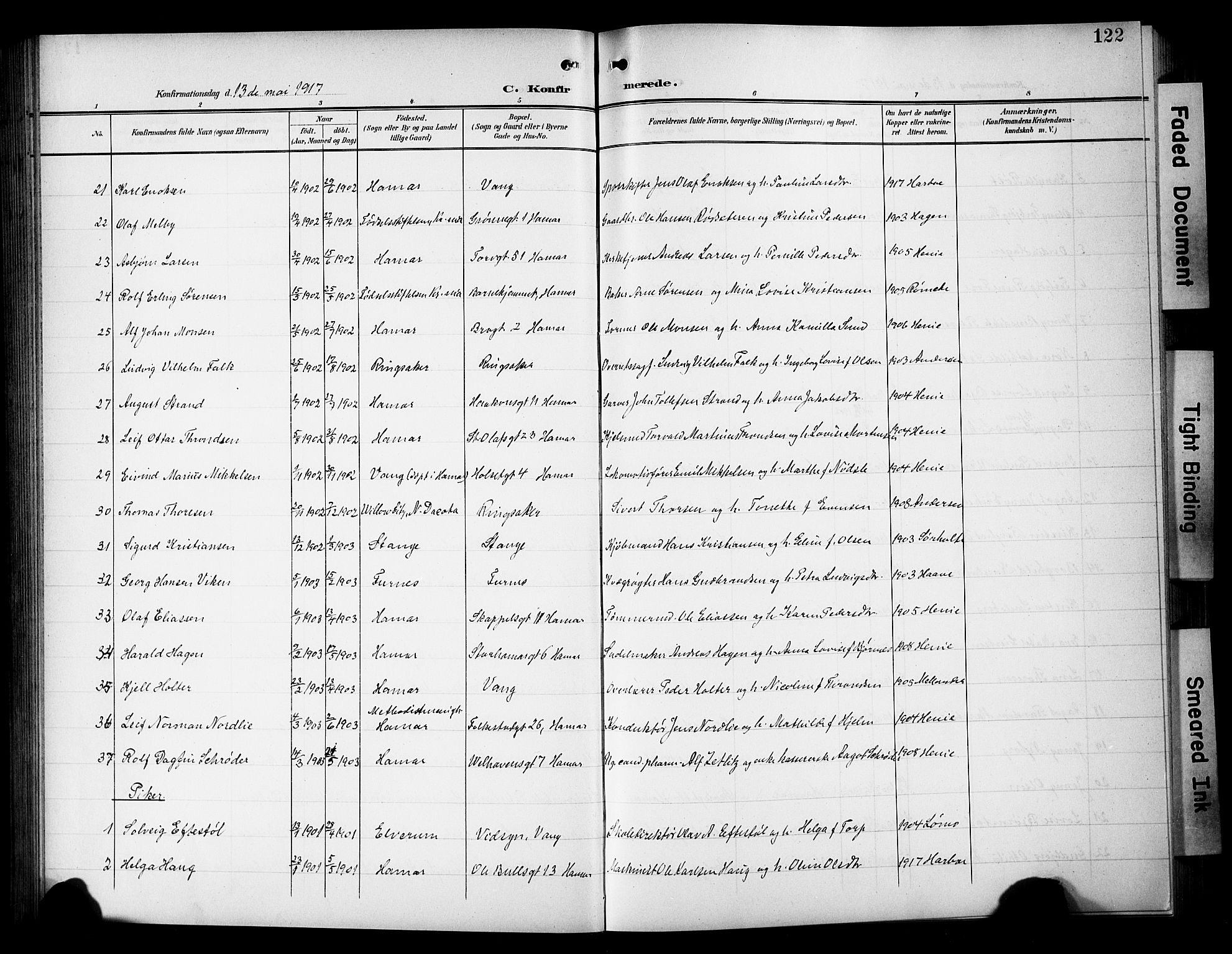 Hamar prestekontor, AV/SAH-DOMPH-002/H/Ha/Hab/L0002: Klokkerbok nr. 2, 1899-1929, s. 122