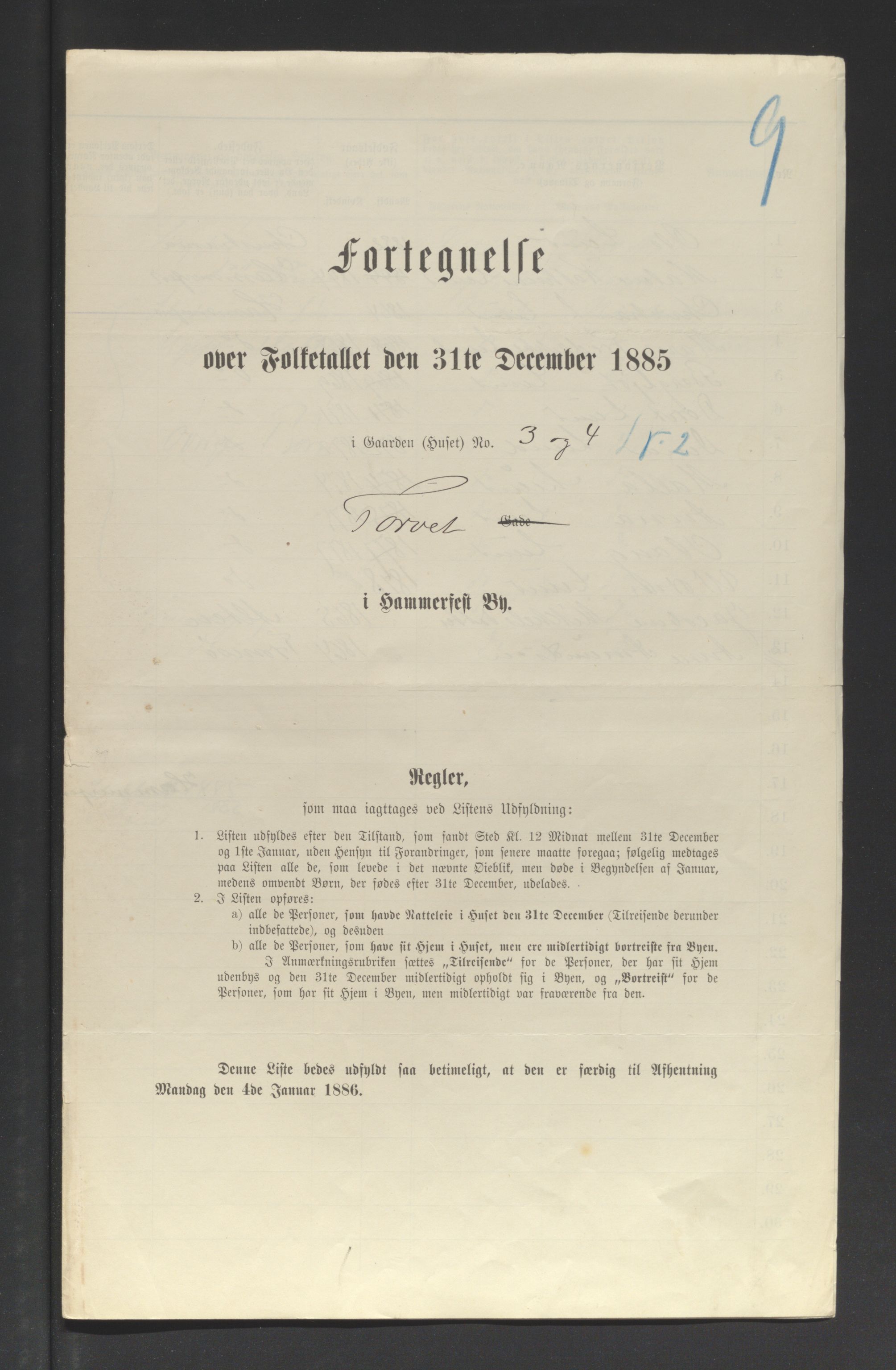 SATØ, Folketelling 1885 for 2001 Hammerfest kjøpstad, 1885, s. 9a