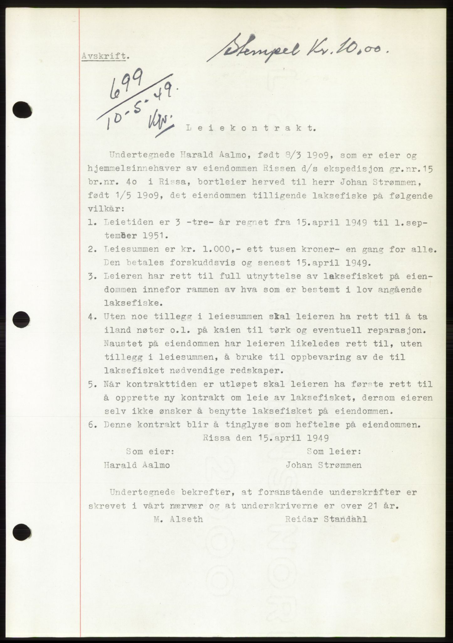 Fosen sorenskriveri, AV/SAT-A-1107/1/2/2C: Pantebok nr. B, 1948-1950, Dagboknr: 699/1949