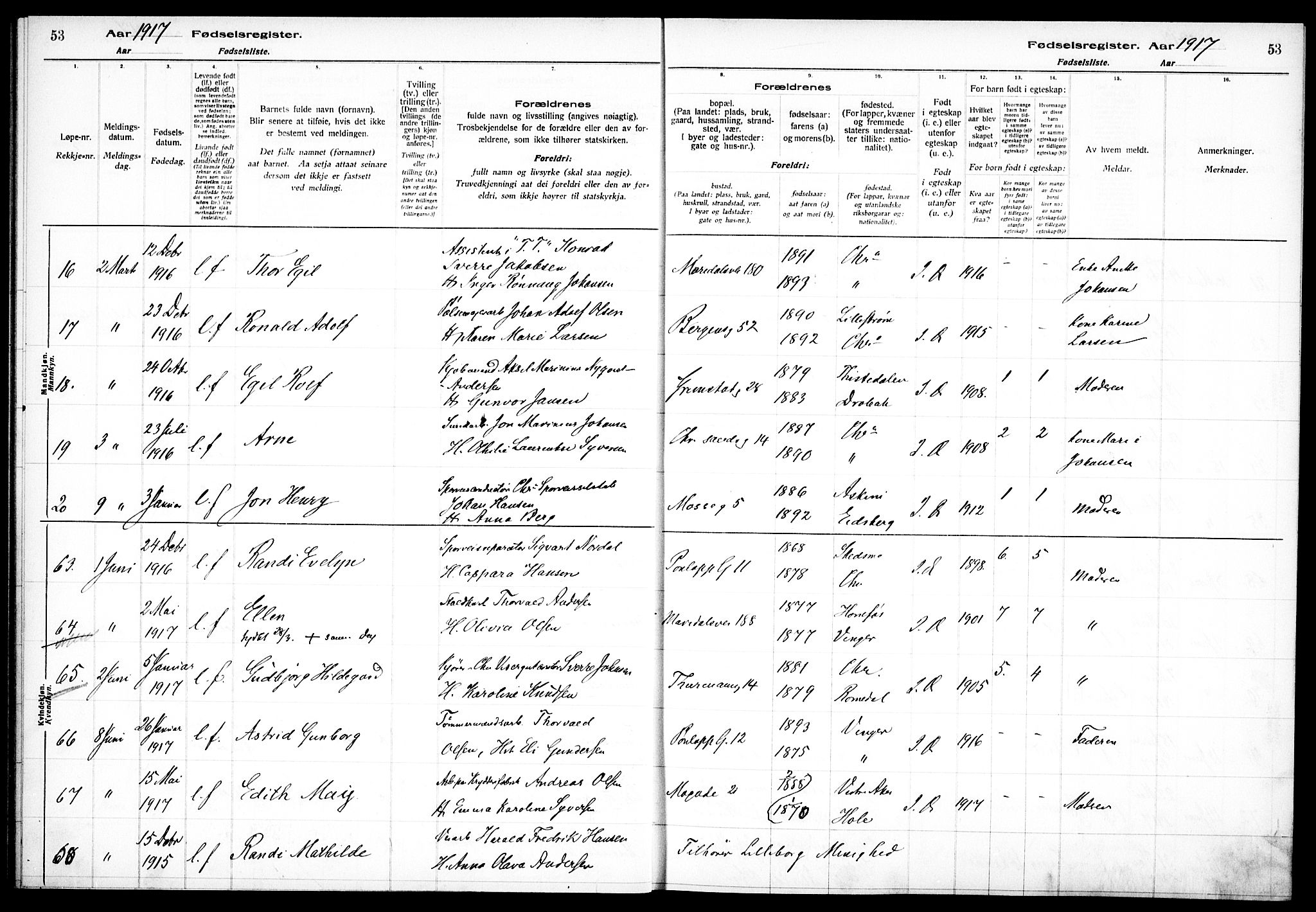 Sagene prestekontor Kirkebøker, AV/SAO-A-10796/J/L0001: Fødselsregister nr. 1, 1916-1920, s. 53