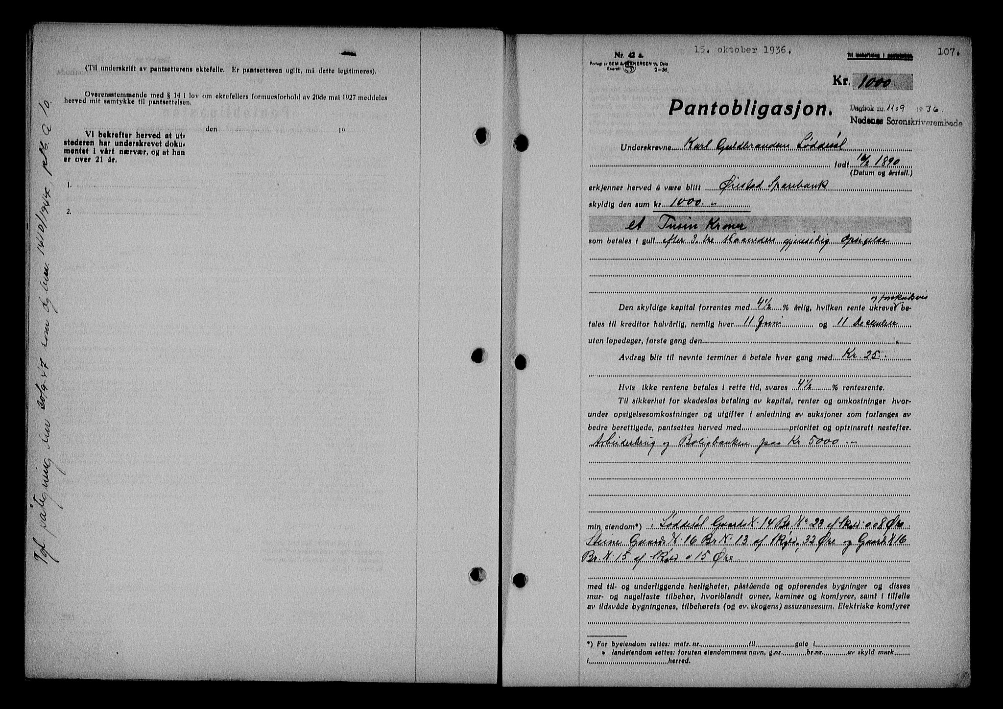 Nedenes sorenskriveri, AV/SAK-1221-0006/G/Gb/Gba/L0043: Pantebok nr. 39, 1936-1937, Dagboknr: 1109/1936