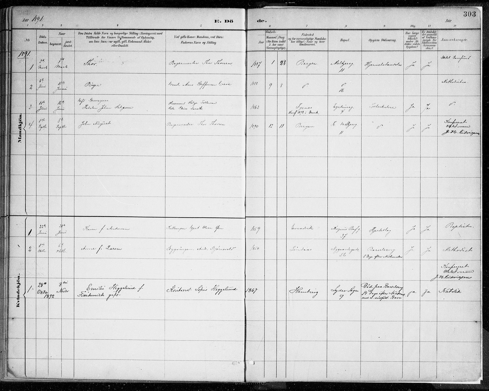 Johanneskirken sokneprestembete, AV/SAB-A-76001/H/Haa/L0019: Ministerialbok nr. E 1, 1885-1915, s. 303