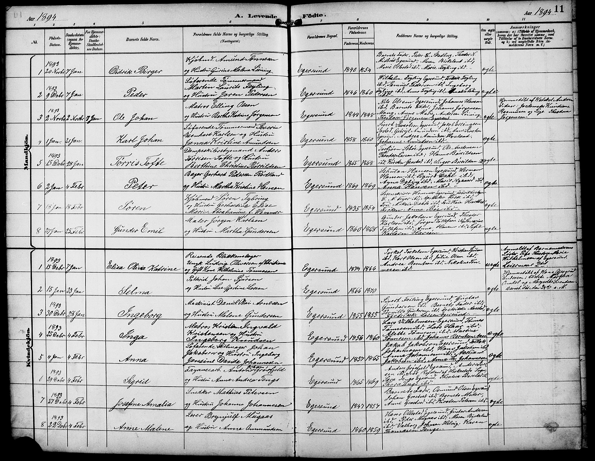 Eigersund sokneprestkontor, SAST/A-101807/S09/L0010: Klokkerbok nr. B 10, 1893-1907, s. 11