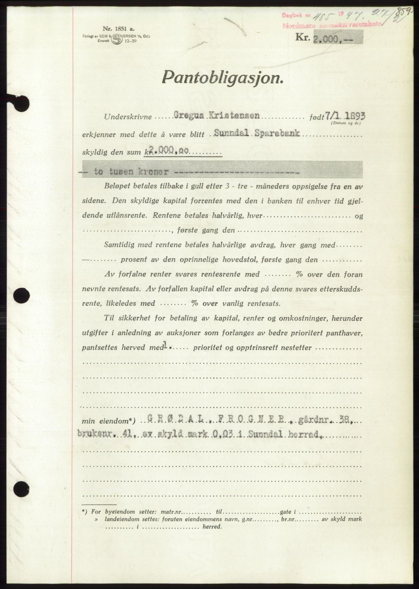 Nordmøre sorenskriveri, SAT/A-4132/1/2/2Ca: Pantebok nr. B95, 1946-1947, Dagboknr: 485/1947