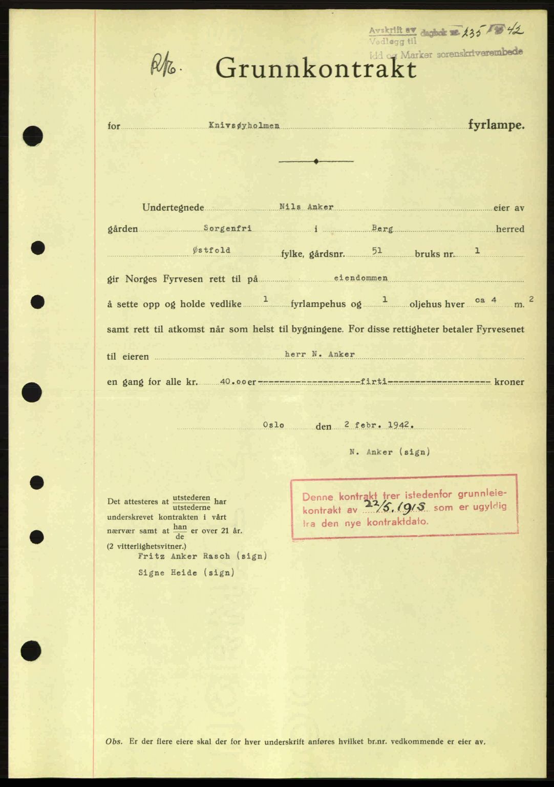 Idd og Marker sorenskriveri, AV/SAO-A-10283/G/Gb/Gbb/L0005: Pantebok nr. A5, 1941-1943, Dagboknr: 235/1942