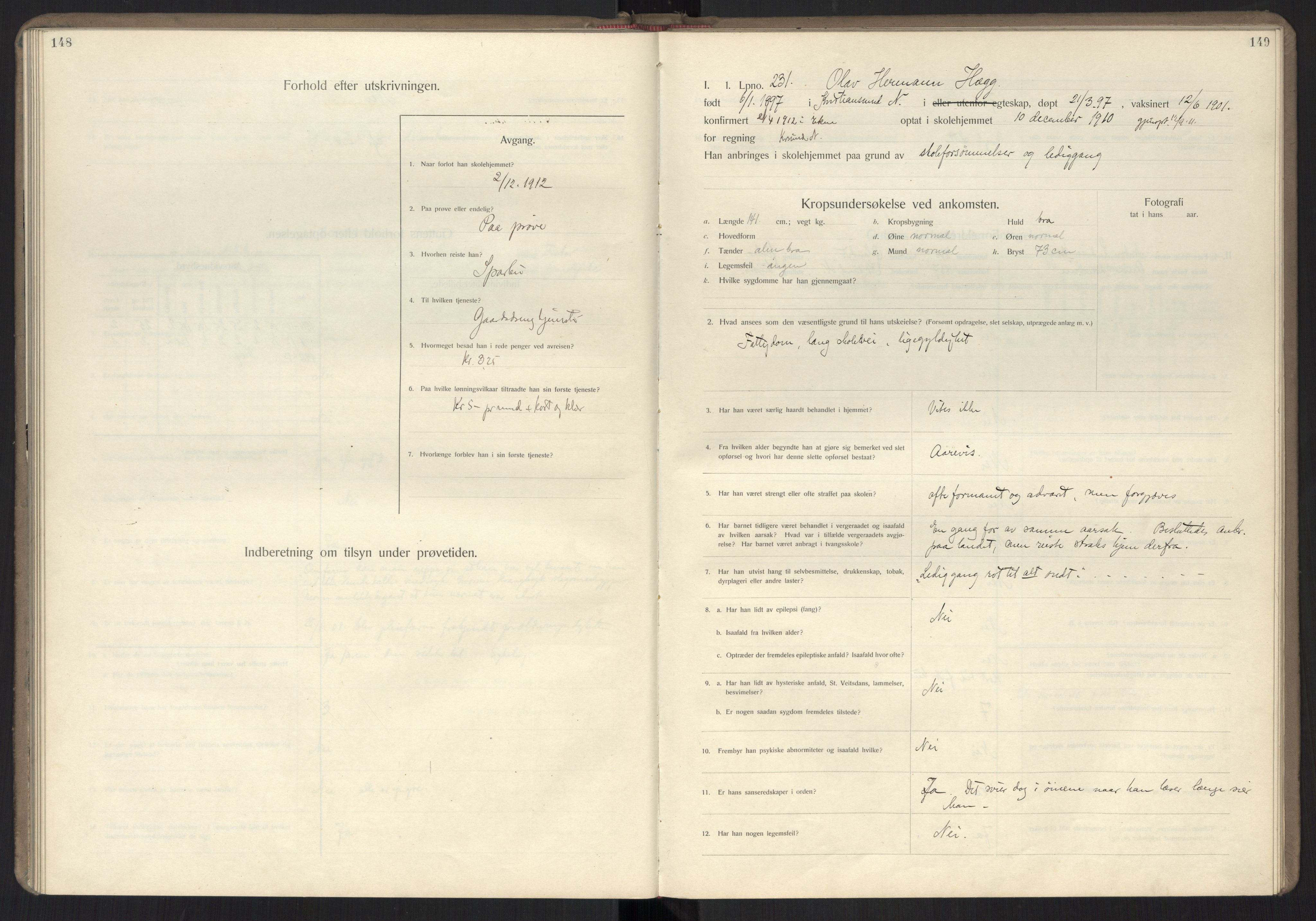 Falstad skolehjem, RA/S-1676/E/Ea/L0007: Elevprotokoll nr. 3 løpenr. 194-268, 1909-1913, s. 148-149