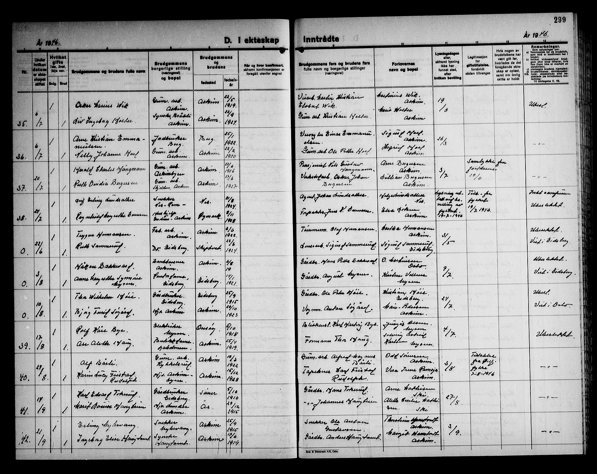 Askim prestekontor Kirkebøker, AV/SAO-A-10900/G/Ga/L0004: Klokkerbok nr. 4, 1938-1947, s. 299