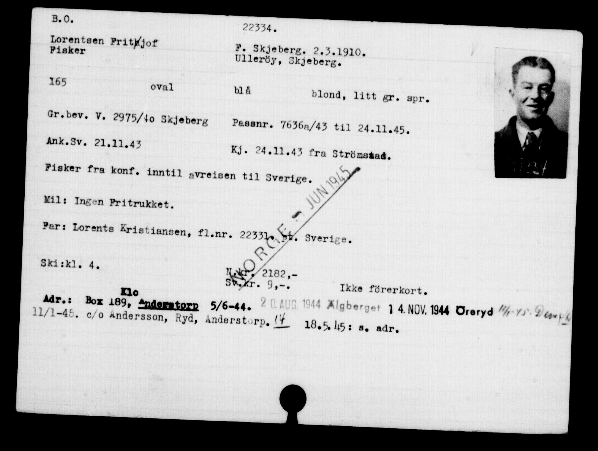 Den Kgl. Norske Legasjons Flyktningskontor, RA/S-6753/V/Va/L0010: Kjesäterkartoteket.  Flyktningenr. 22000-25314, 1940-1945, s. 368