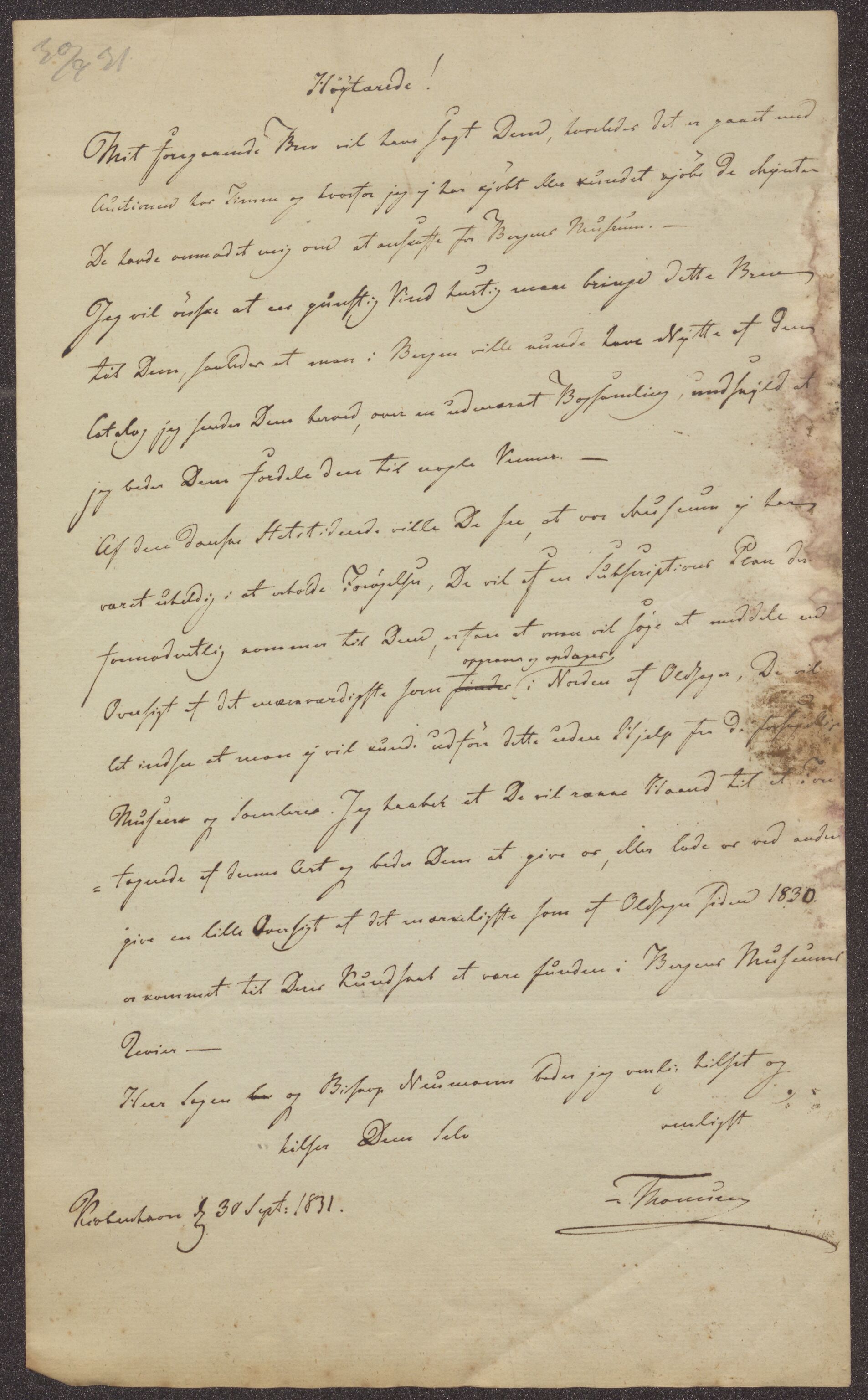 Bergens Museum, UMB/A007/D/Da/L0005/0001: Innkommende brev 1831 - 1832 / Innkommende brev 1831, 1831