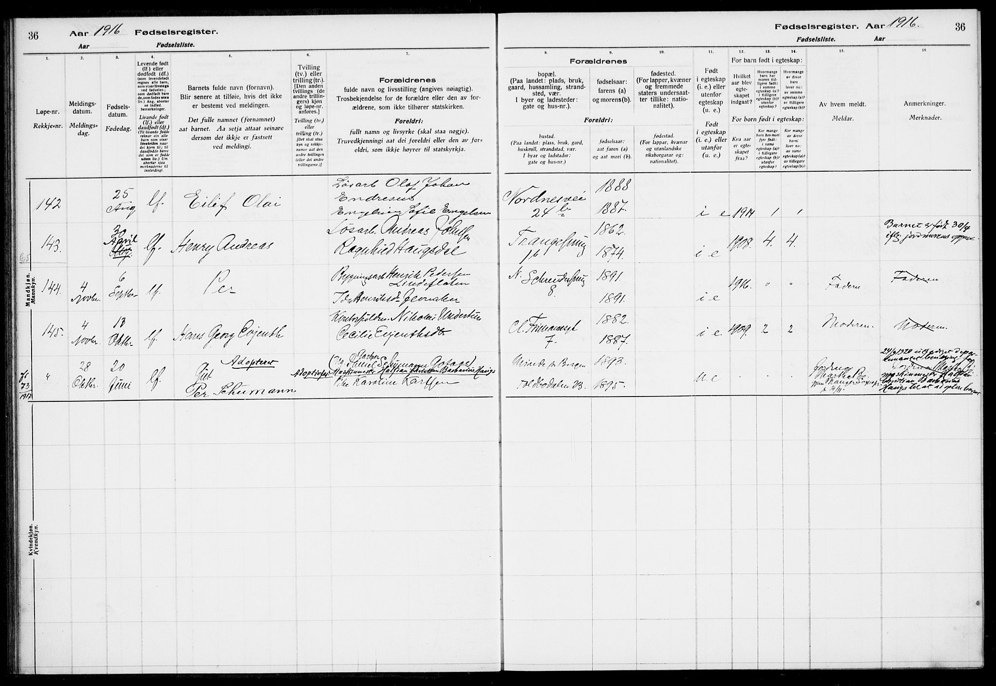 Nykirken Sokneprestembete, AV/SAB-A-77101/I/Id/L00A1: Fødselsregister nr. A 1, 1916-1922, s. 36