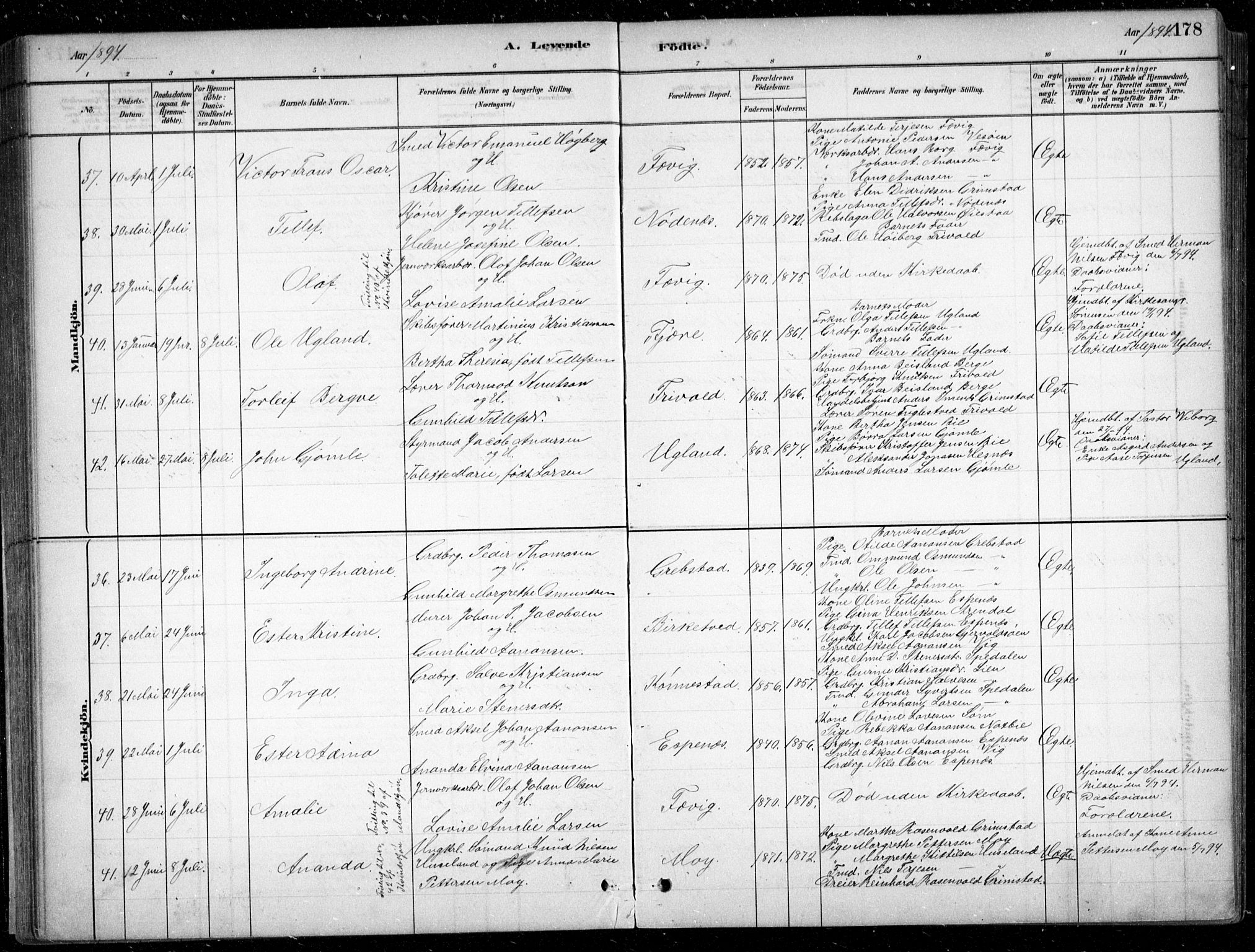 Fjære sokneprestkontor, AV/SAK-1111-0011/F/Fb/L0011: Klokkerbok nr. B 11, 1881-1905, s. 178