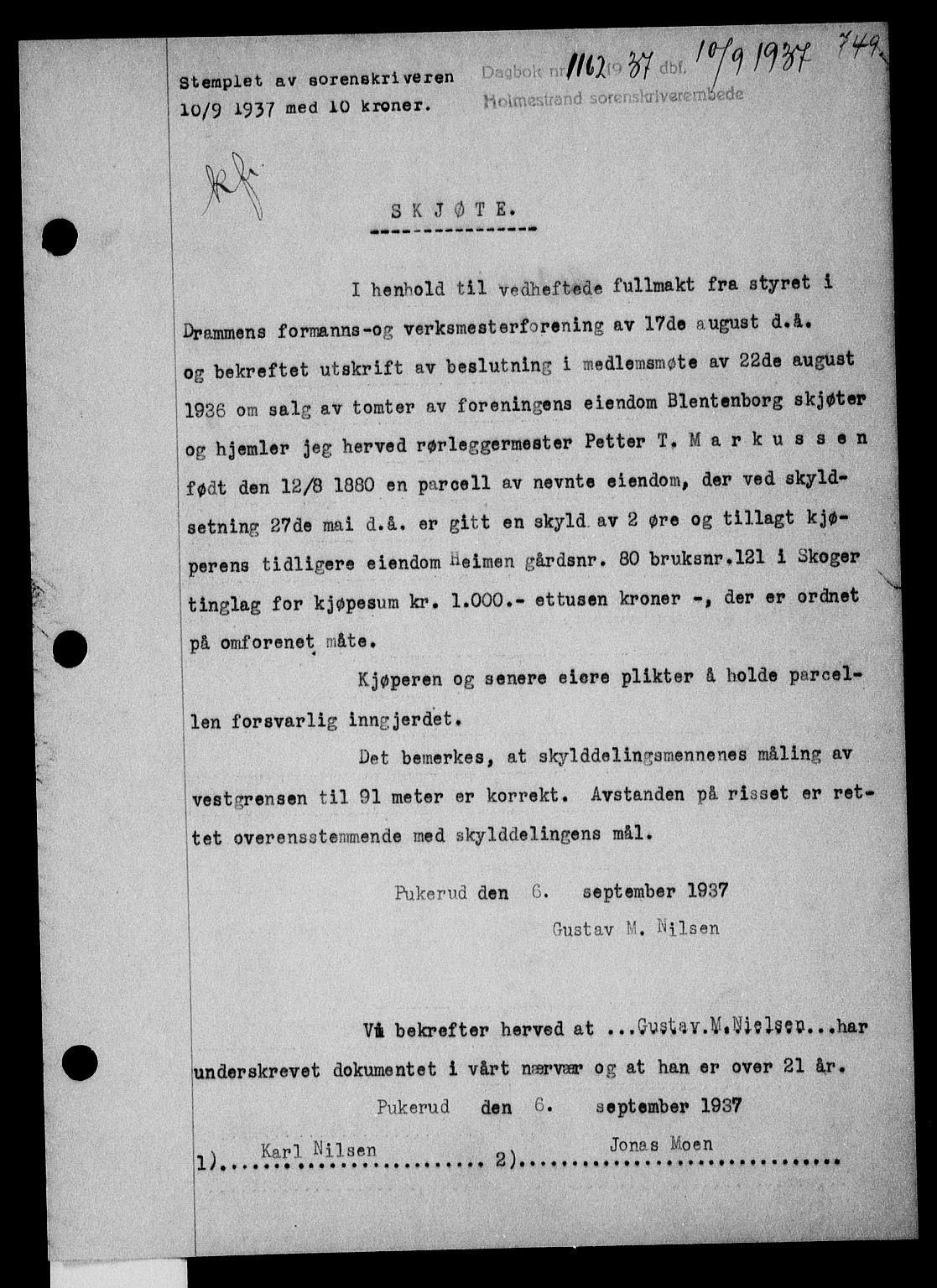 Holmestrand sorenskriveri, SAKO/A-67/G/Ga/Gaa/L0048: Pantebok nr. A-48, 1936-1937, Dagboknr: 1162/1937