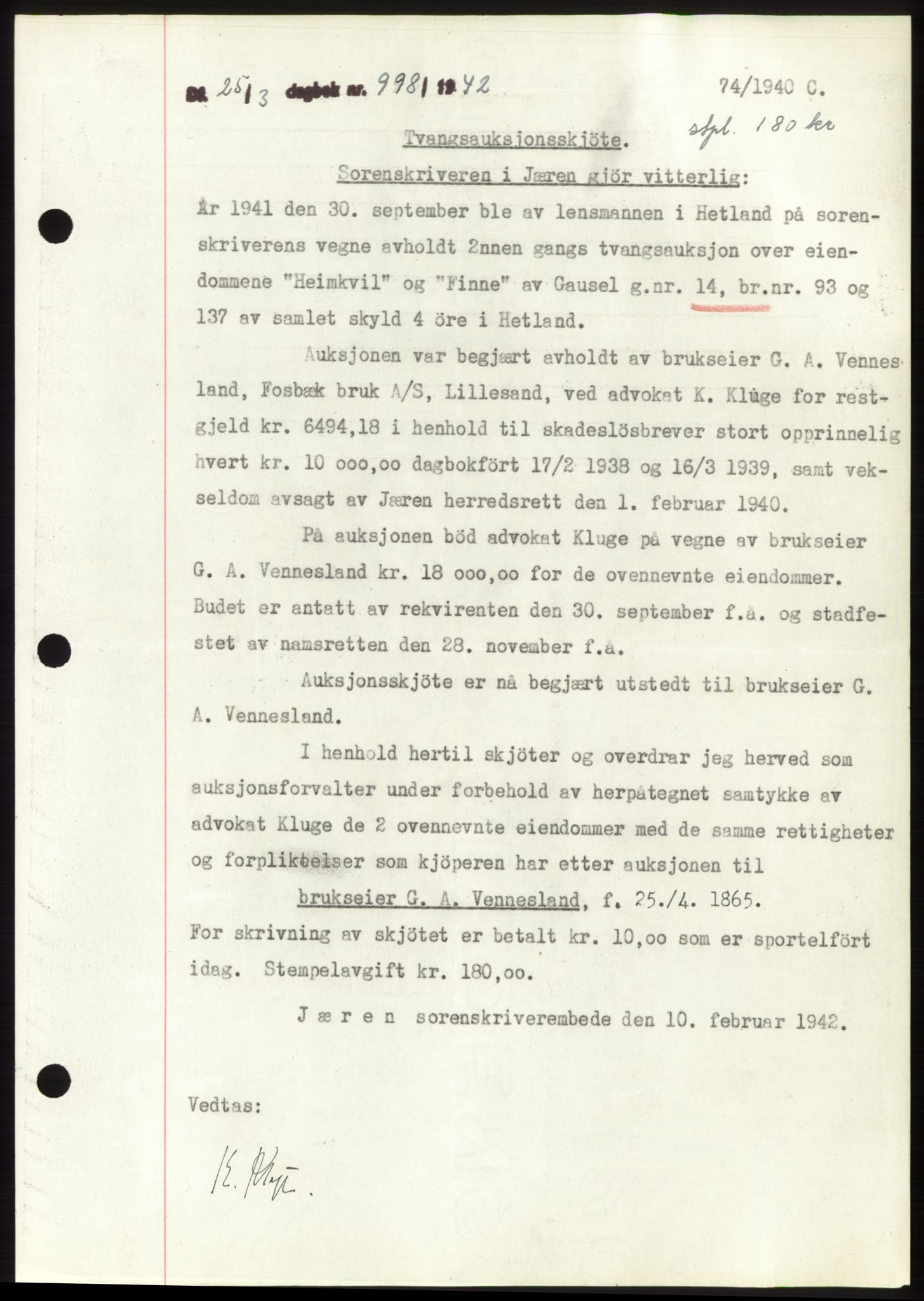 Jæren sorenskriveri, SAST/A-100310/03/G/Gba/L0082: Pantebok, 1942-1942, Dagboknr: 998/1942