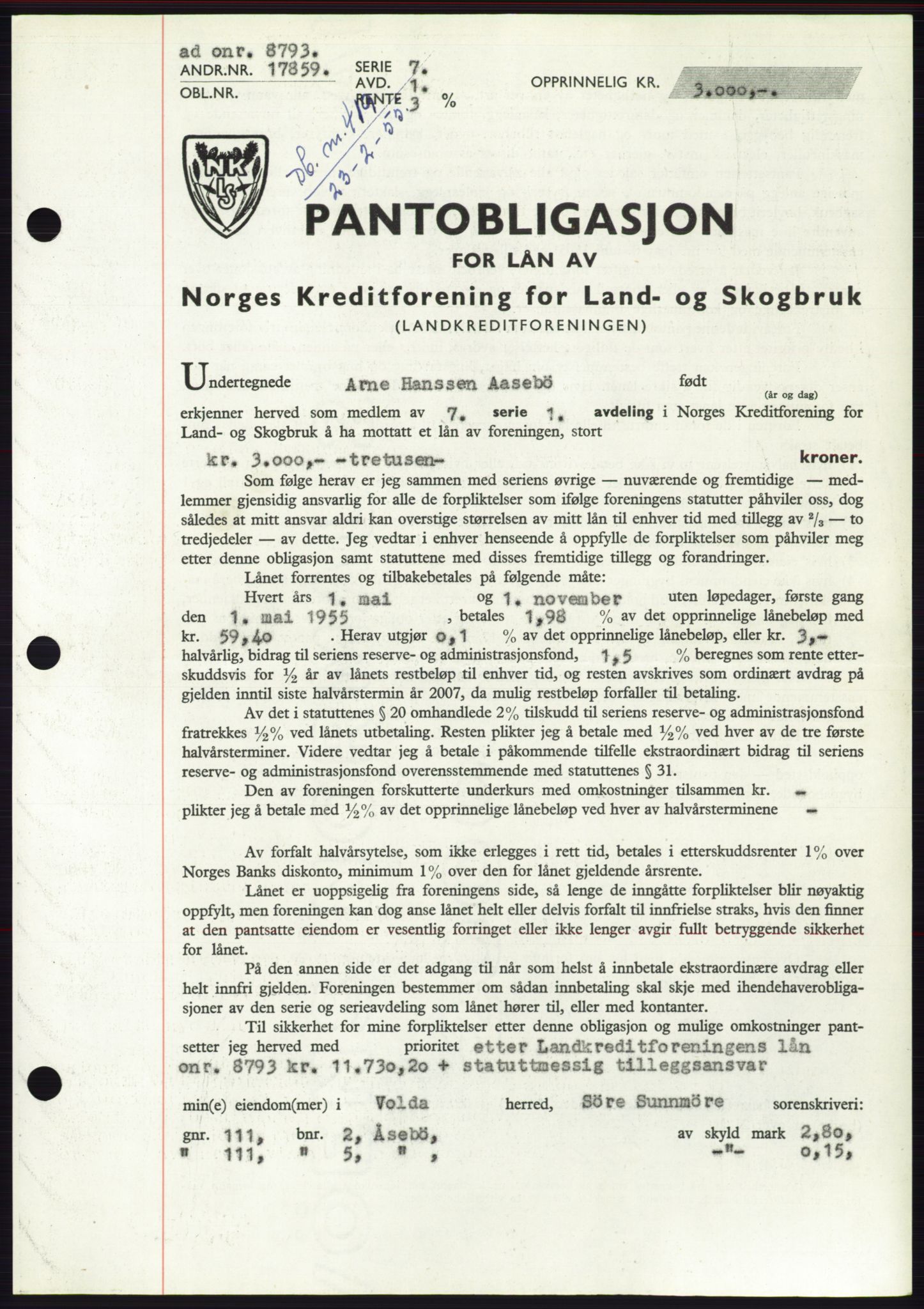 Søre Sunnmøre sorenskriveri, AV/SAT-A-4122/1/2/2C/L0126: Pantebok nr. 14B, 1954-1955, Dagboknr: 419/1955