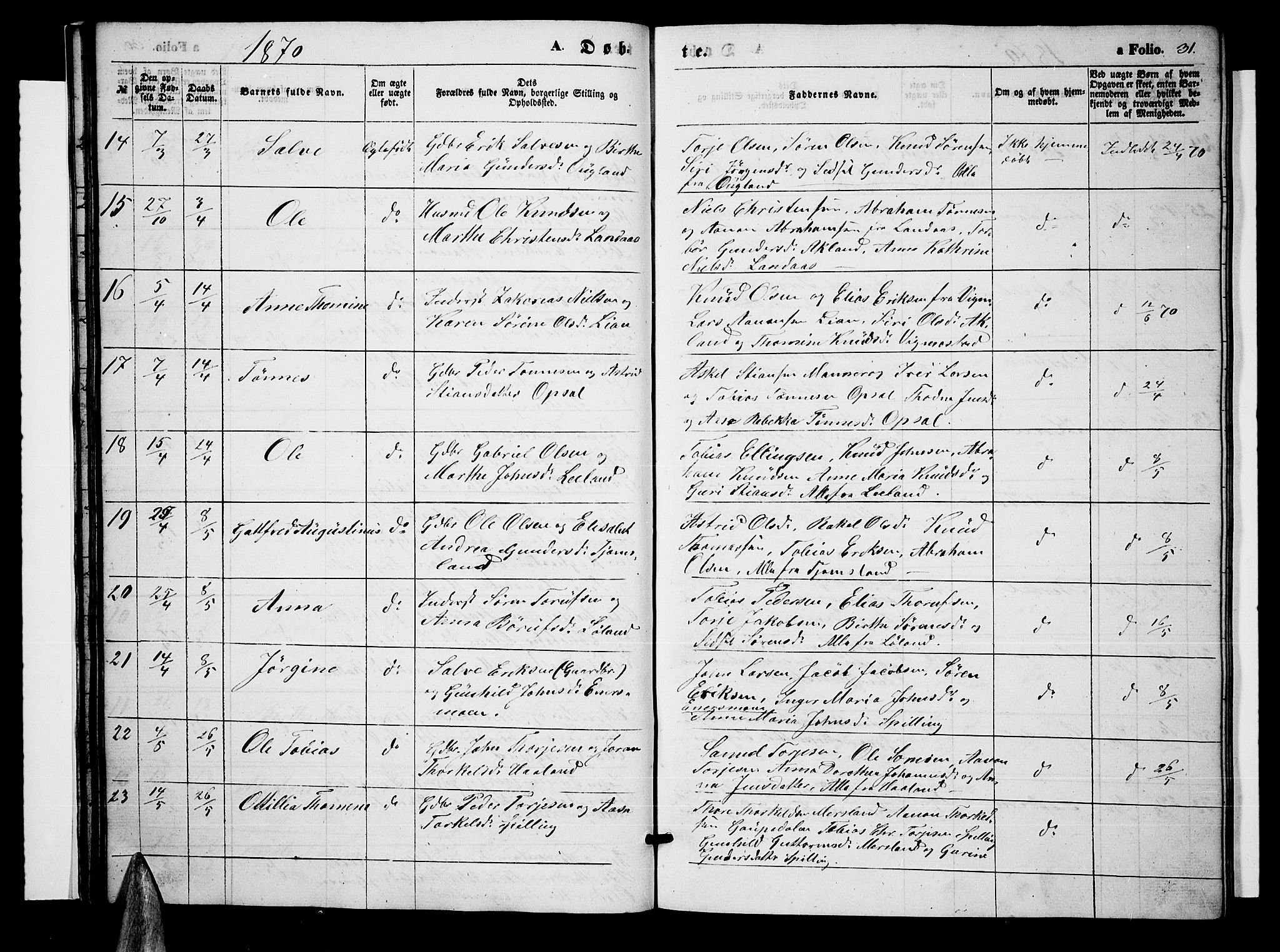 Nord-Audnedal sokneprestkontor, AV/SAK-1111-0032/F/Fb/Fbb/L0002: Klokkerbok nr. B 2, 1859-1882, s. 31