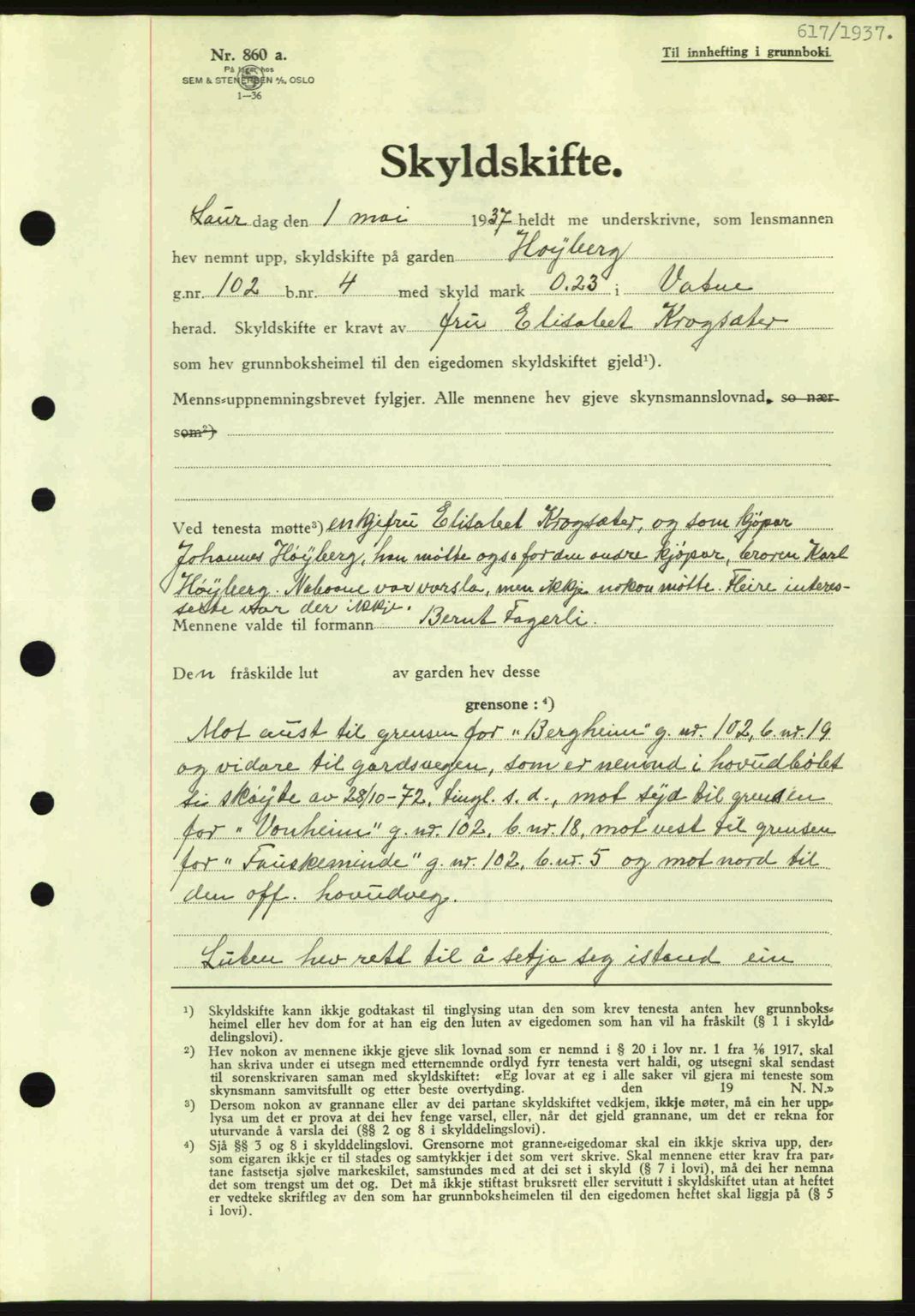 Nordre Sunnmøre sorenskriveri, AV/SAT-A-0006/1/2/2C/2Ca: Pantebok nr. A2, 1936-1937, Dagboknr: 617/1937