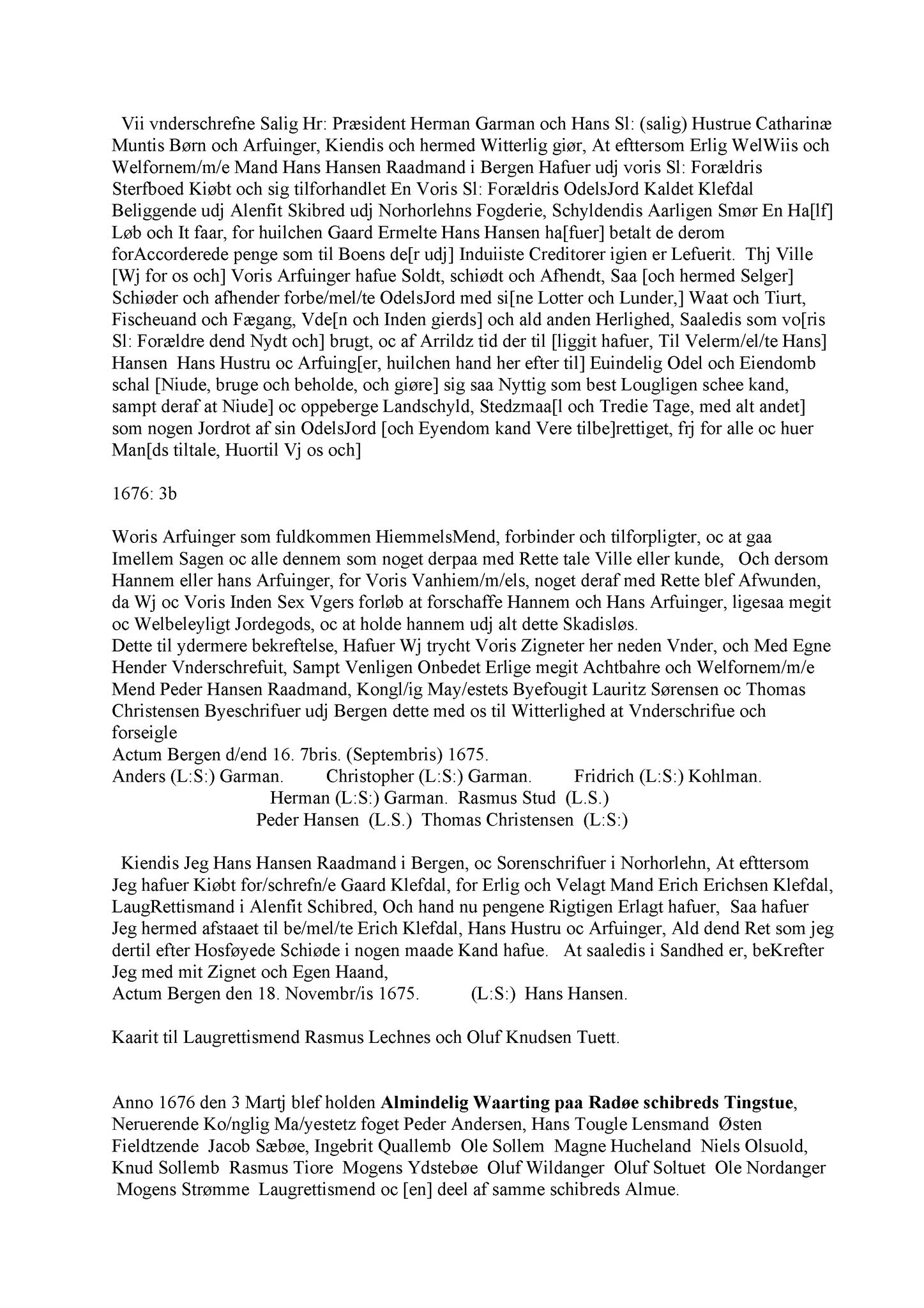 Samling av fulltekstavskrifter, SAB/FULLTEKST/A/12/0117: Nordhordland sorenskriveri, tingbok nr. A 15, 1676