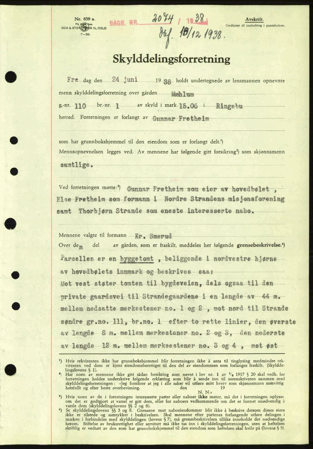 Sør-Gudbrandsdal tingrett, SAH/TING-004/H/Hb/Hbd/L0005: Pantebok nr. A5, 1938-1939, Dagboknr: 2074/1938