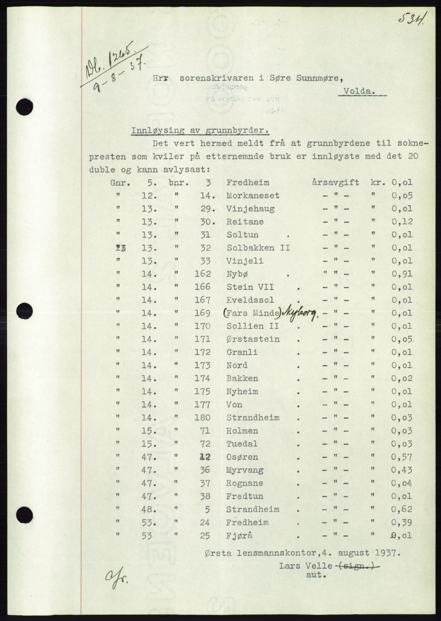 Søre Sunnmøre sorenskriveri, SAT/A-4122/1/2/2C/L0063: Pantebok nr. 57, 1937-1937, Dagboknr: 1265/1937
