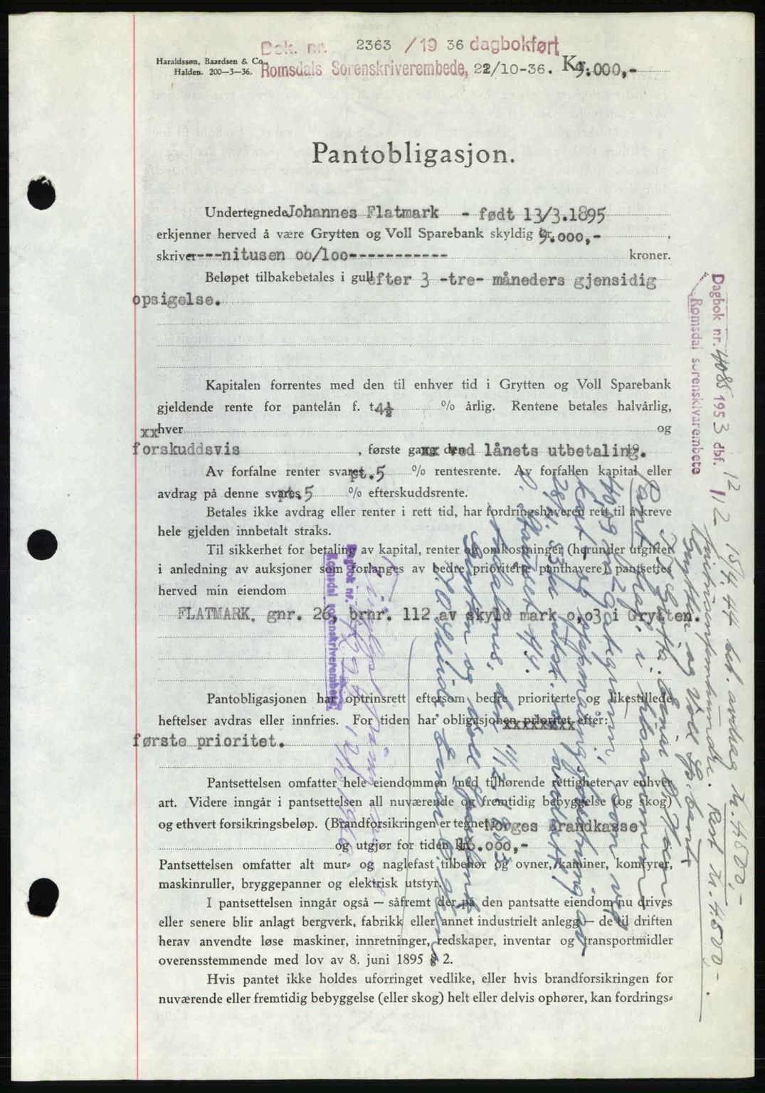 Romsdal sorenskriveri, SAT/A-4149/1/2/2C: Pantebok nr. B1, 1936-1939, Dagboknr: 2363/1936