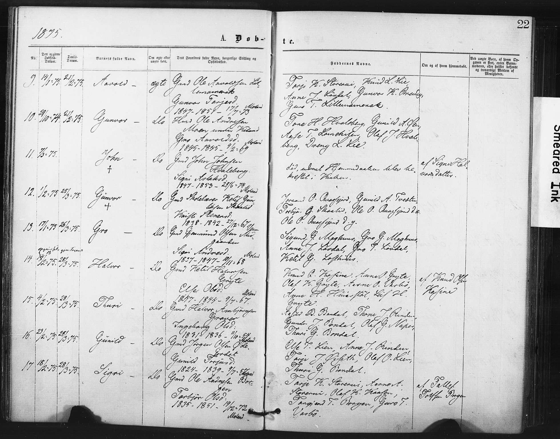 Fyresdal kirkebøker, AV/SAKO-A-263/F/Fa/L0006: Ministerialbok nr. I 6, 1872-1886, s. 22