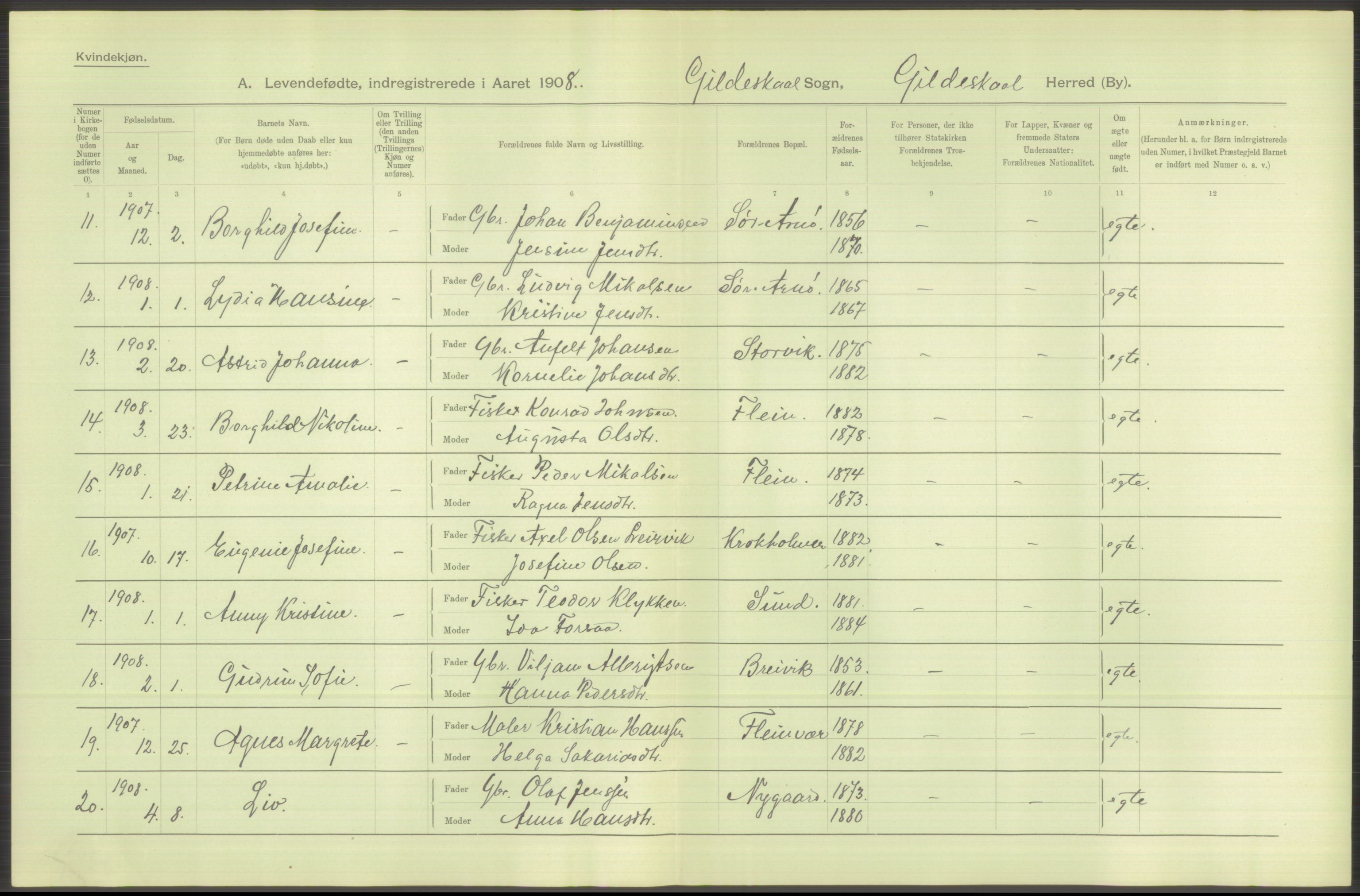 Statistisk sentralbyrå, Sosiodemografiske emner, Befolkning, AV/RA-S-2228/D/Df/Dfa/Dfaf/L0043: Nordlands amt: Levendefødte menn og kvinner. Bygder., 1908, s. 28