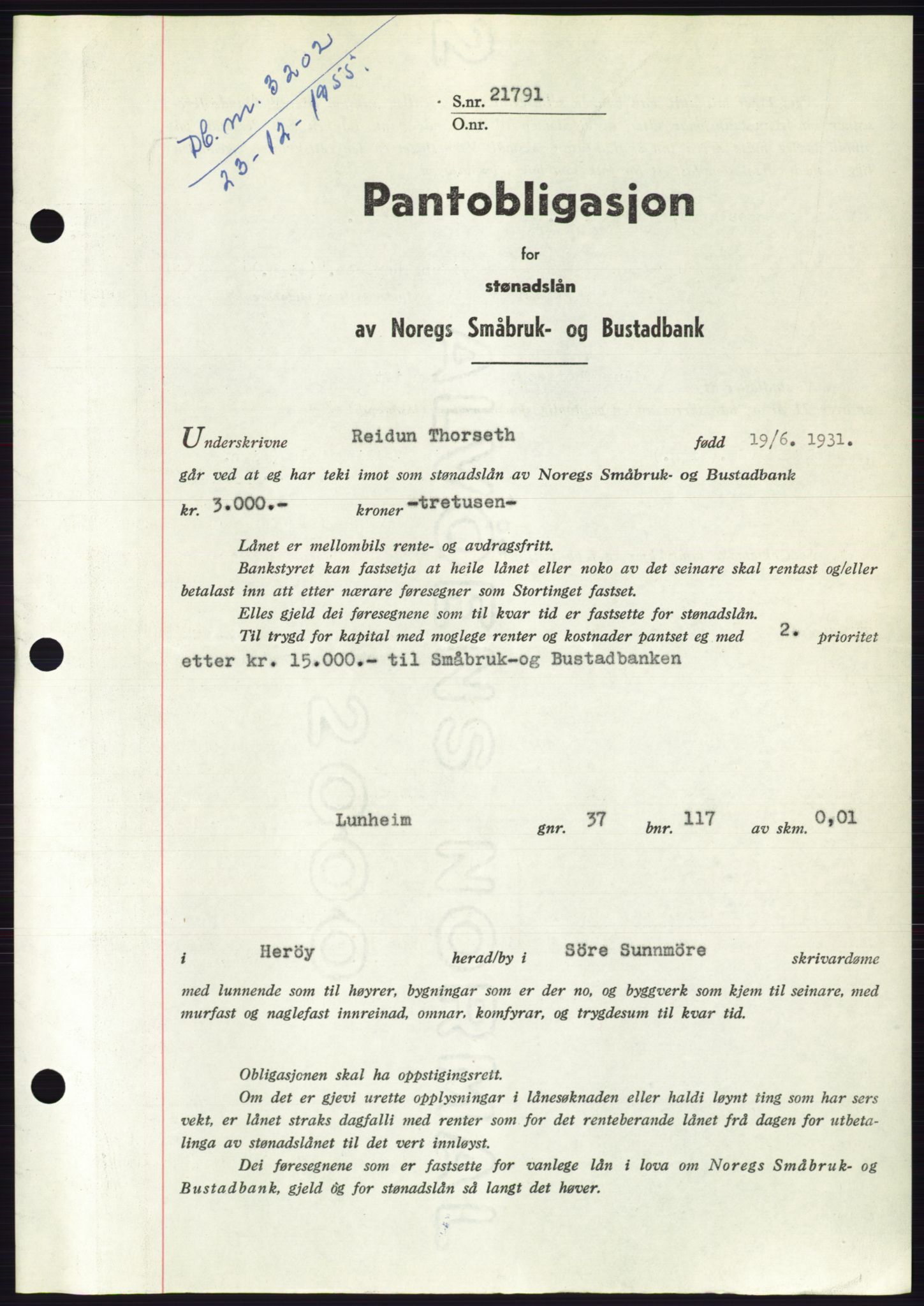 Søre Sunnmøre sorenskriveri, SAT/A-4122/1/2/2C/L0127: Pantebok nr. 15B, 1955-1955, Dagboknr: 3202/1955