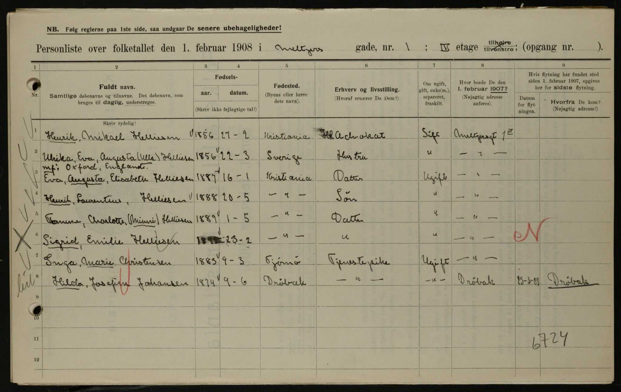 OBA, Kommunal folketelling 1.2.1908 for Kristiania kjøpstad, 1908, s. 58397