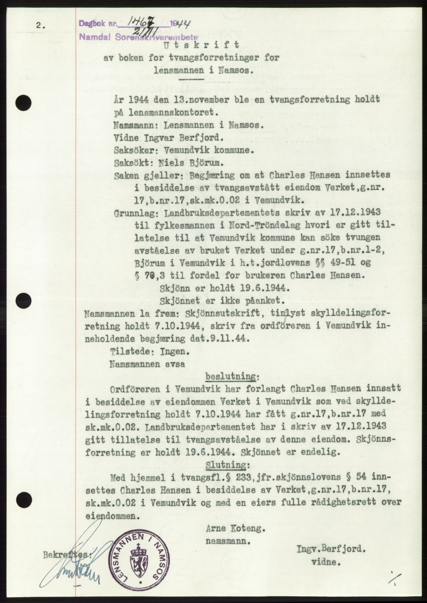 Namdal sorenskriveri, SAT/A-4133/1/2/2C: Pantebok nr. -, 1944-1945, Dagboknr: 1467/1944