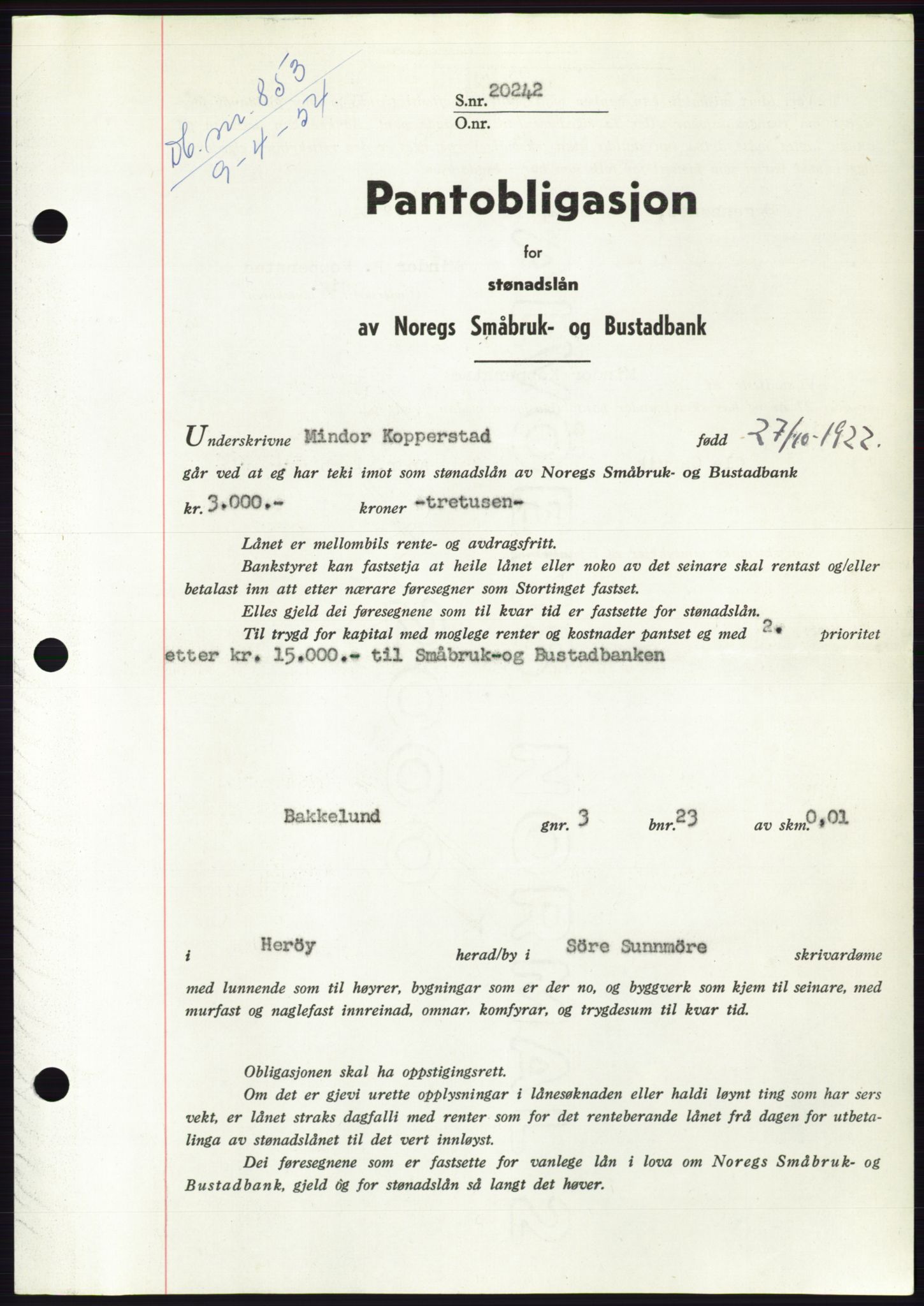 Søre Sunnmøre sorenskriveri, SAT/A-4122/1/2/2C/L0124: Pantebok nr. 12B, 1953-1954, Dagboknr: 853/1954