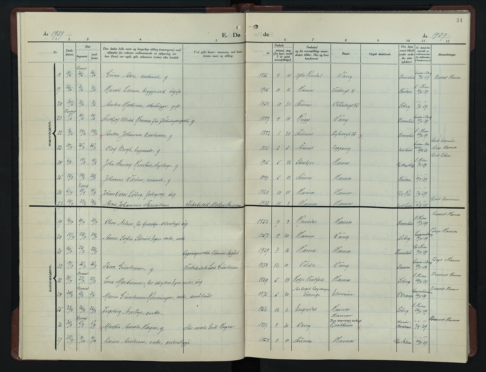 Hamar prestekontor, AV/SAH-DOMPH-002/H/Ha/Hab/L0007: Klokkerbok nr. 7, 1933-1950, s. 34