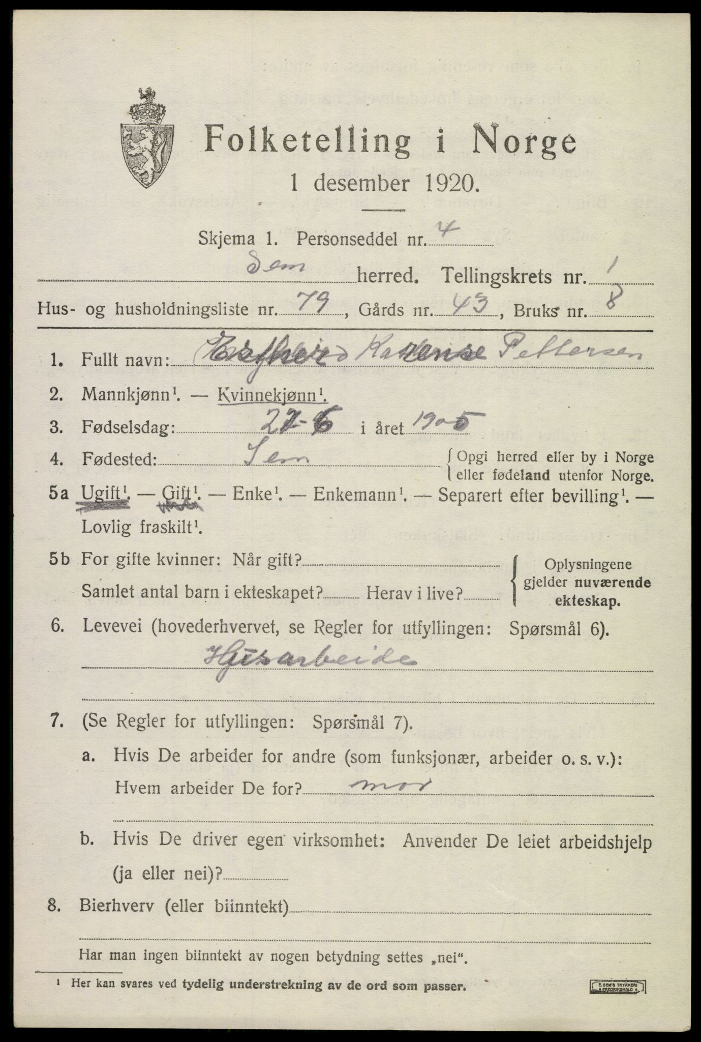 SAKO, Folketelling 1920 for 0721 Sem herred, 1920, s. 3625