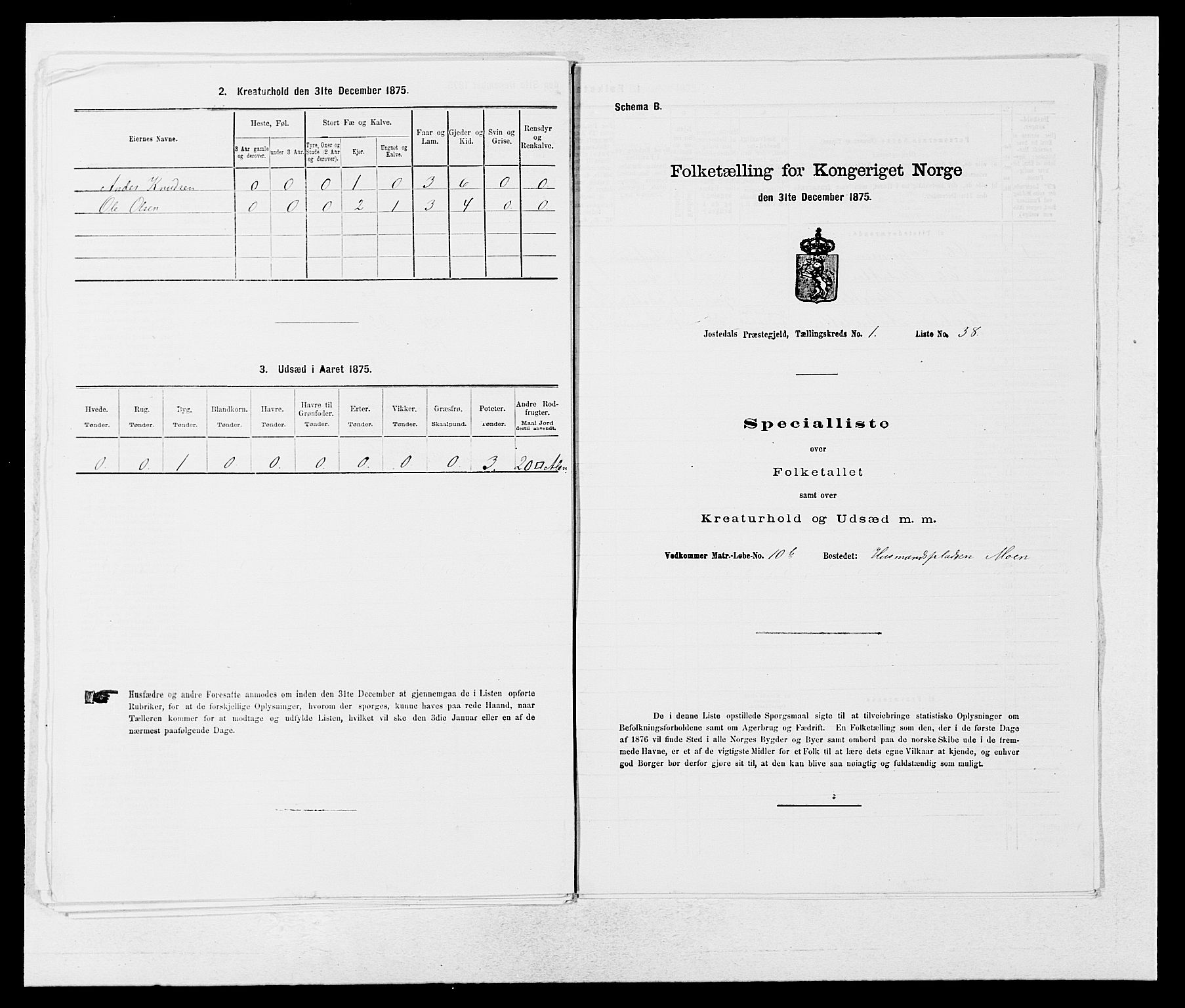 SAB, Folketelling 1875 for 1427P Jostedal prestegjeld, 1875, s. 85