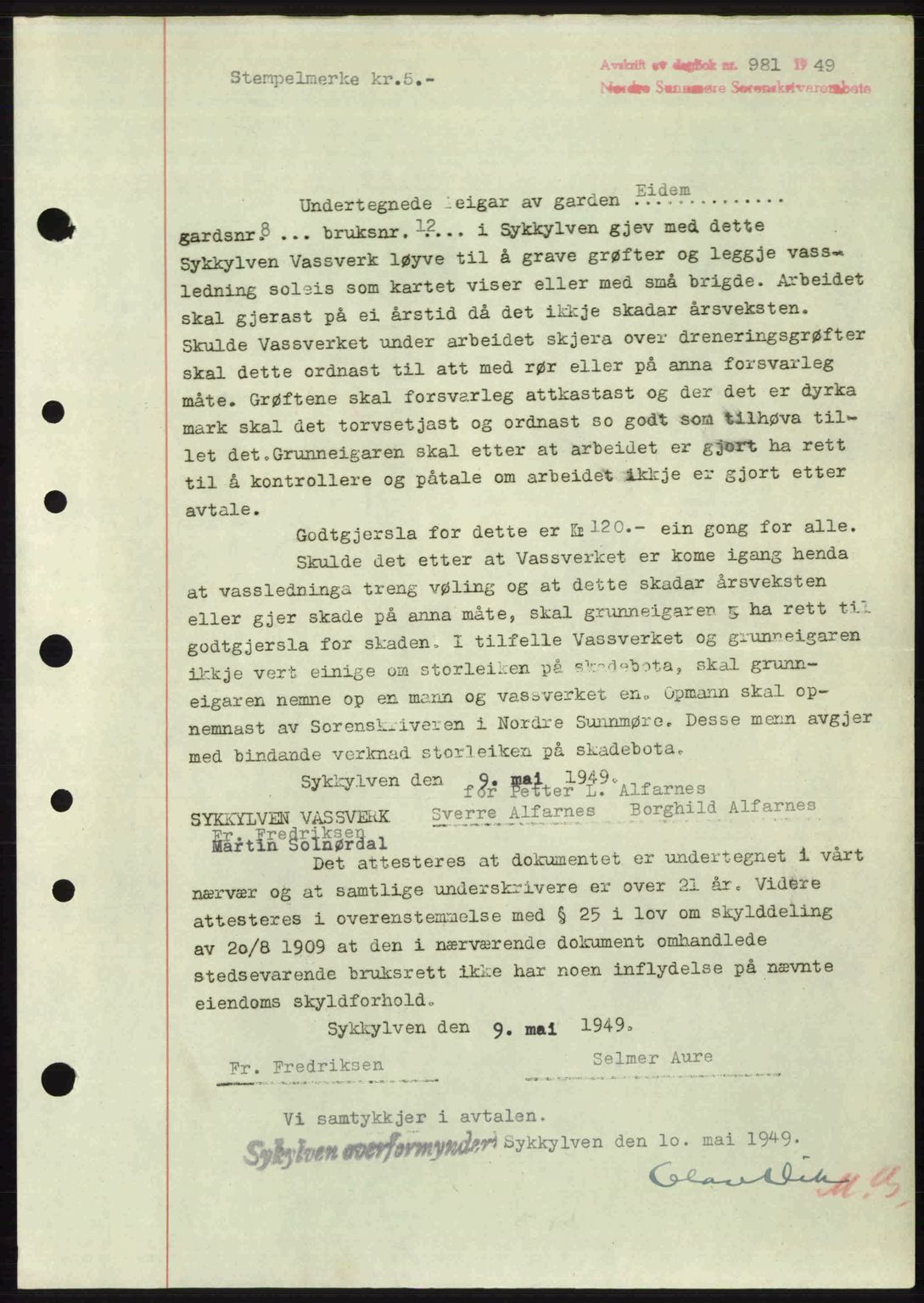 Nordre Sunnmøre sorenskriveri, SAT/A-0006/1/2/2C/2Ca: Pantebok nr. A30, 1949-1949, Dagboknr: 981/1949