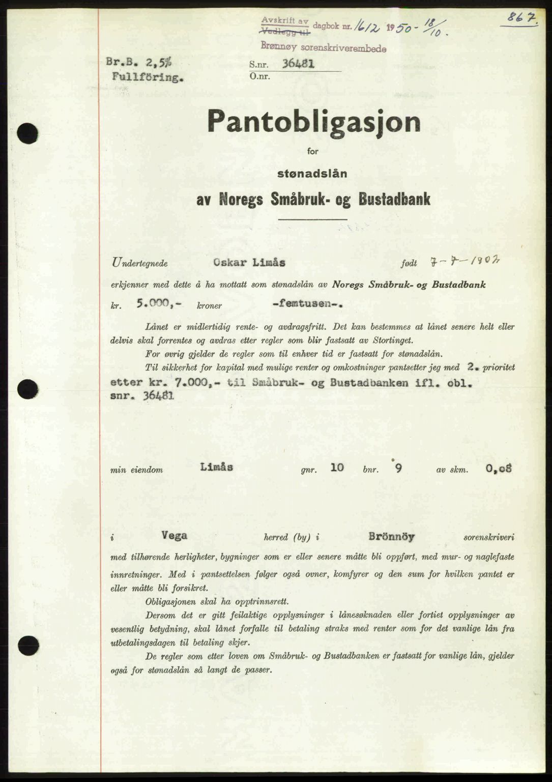 Brønnøy sorenskriveri, SAT/A-4170/1/2/2C: Pantebok nr. 36, 1950-1950, Dagboknr: 1612/1950
