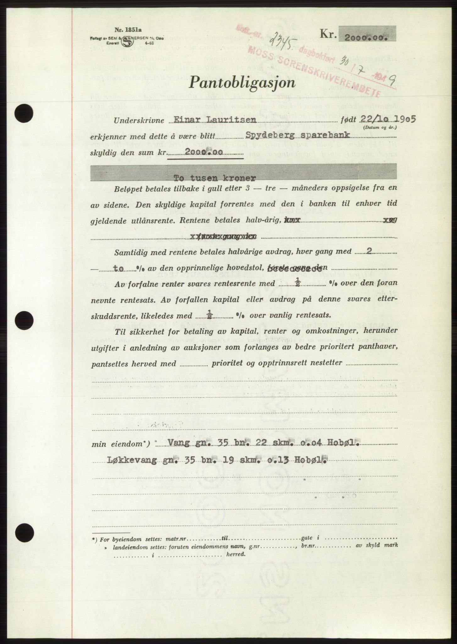 Moss sorenskriveri, SAO/A-10168: Pantebok nr. B22, 1949-1949, Dagboknr: 2345/1949