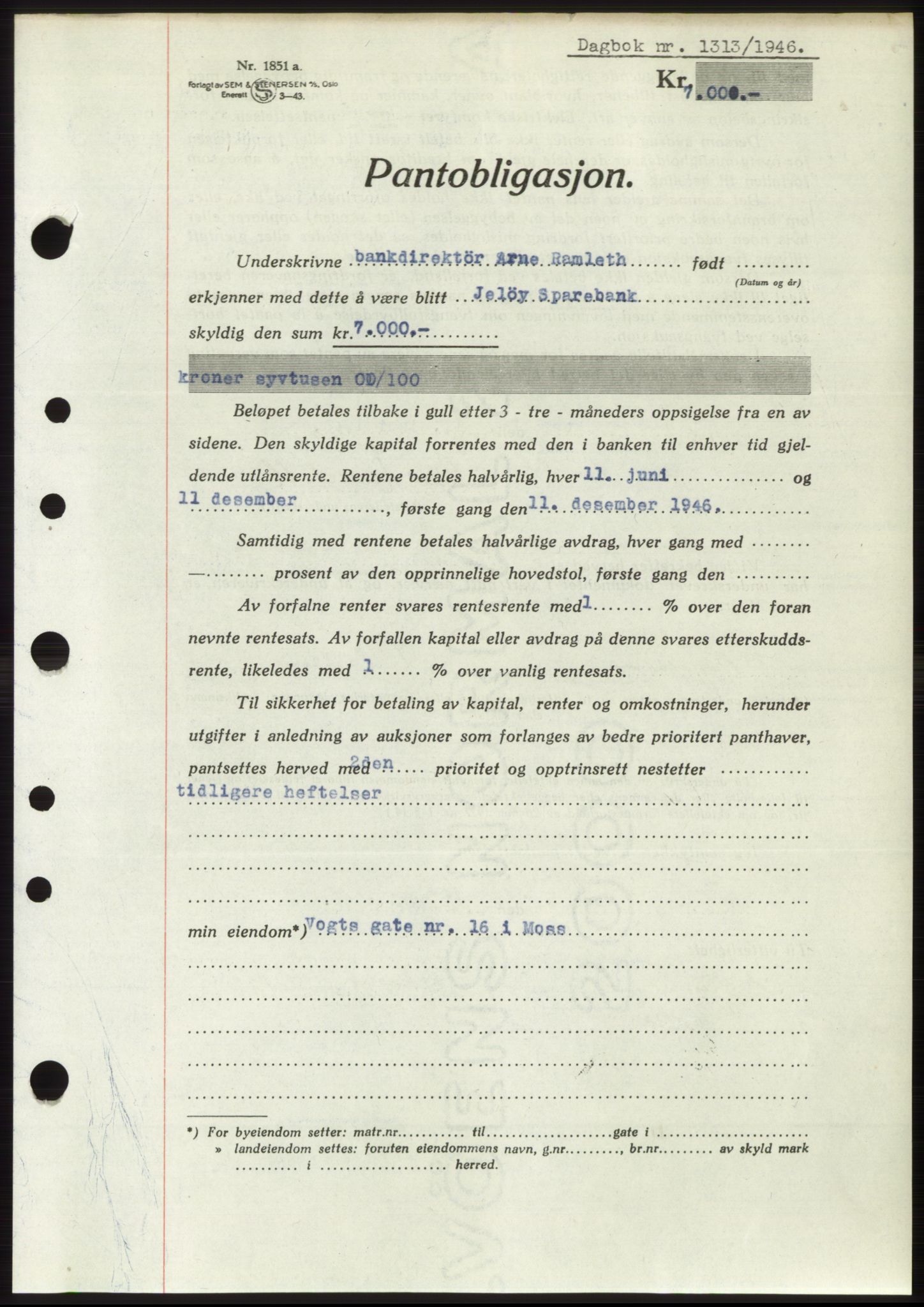 Moss sorenskriveri, SAO/A-10168: Pantebok nr. B15, 1946-1946, Dagboknr: 1313/1946