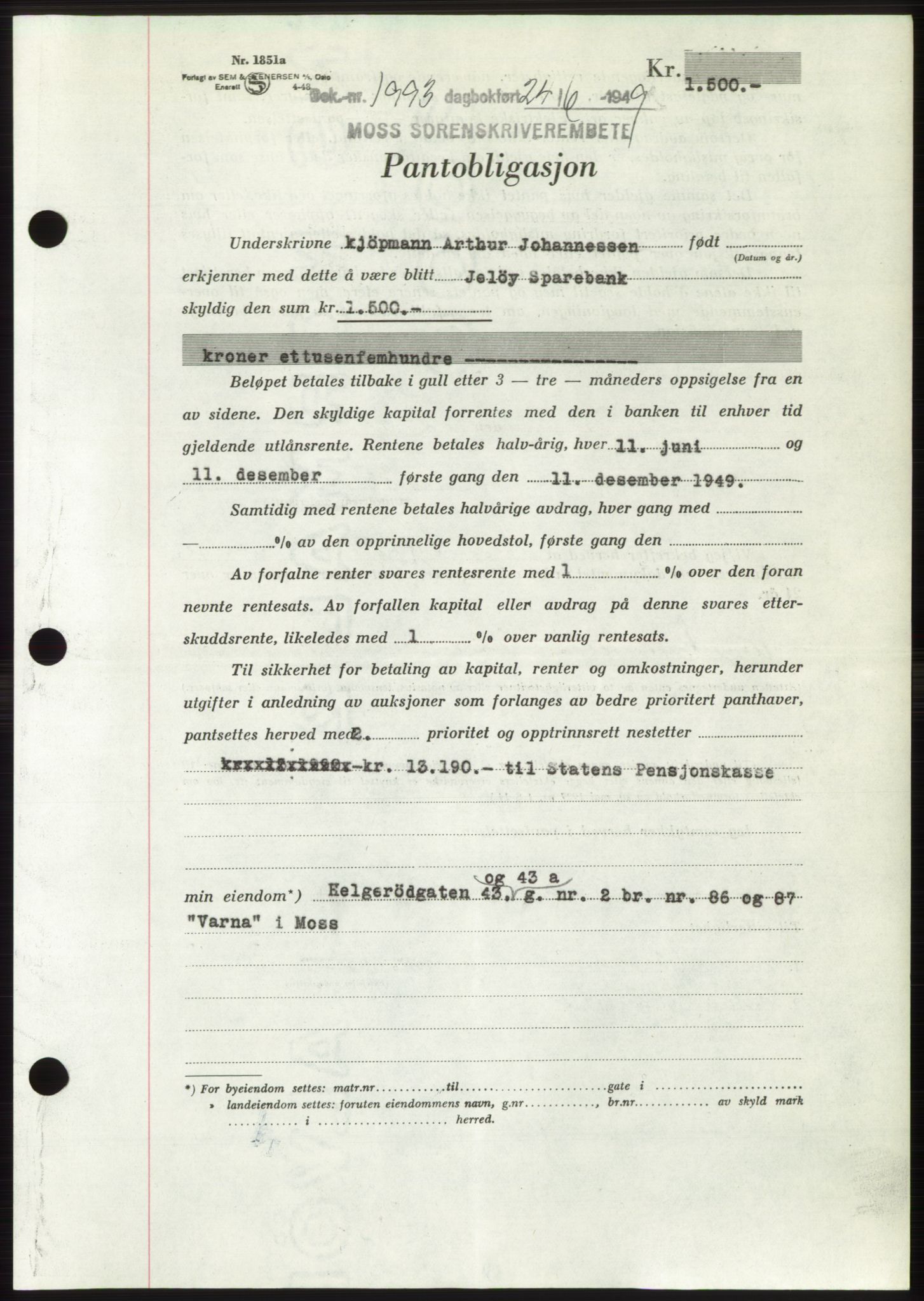 Moss sorenskriveri, SAO/A-10168: Pantebok nr. B22, 1949-1949, Dagboknr: 1993/1949