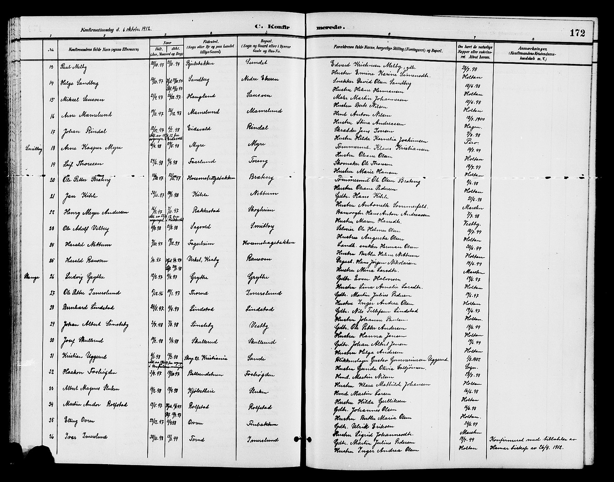 Østre Toten prestekontor, AV/SAH-PREST-104/H/Ha/Hab/L0007: Klokkerbok nr. 7, 1901-1912, s. 172