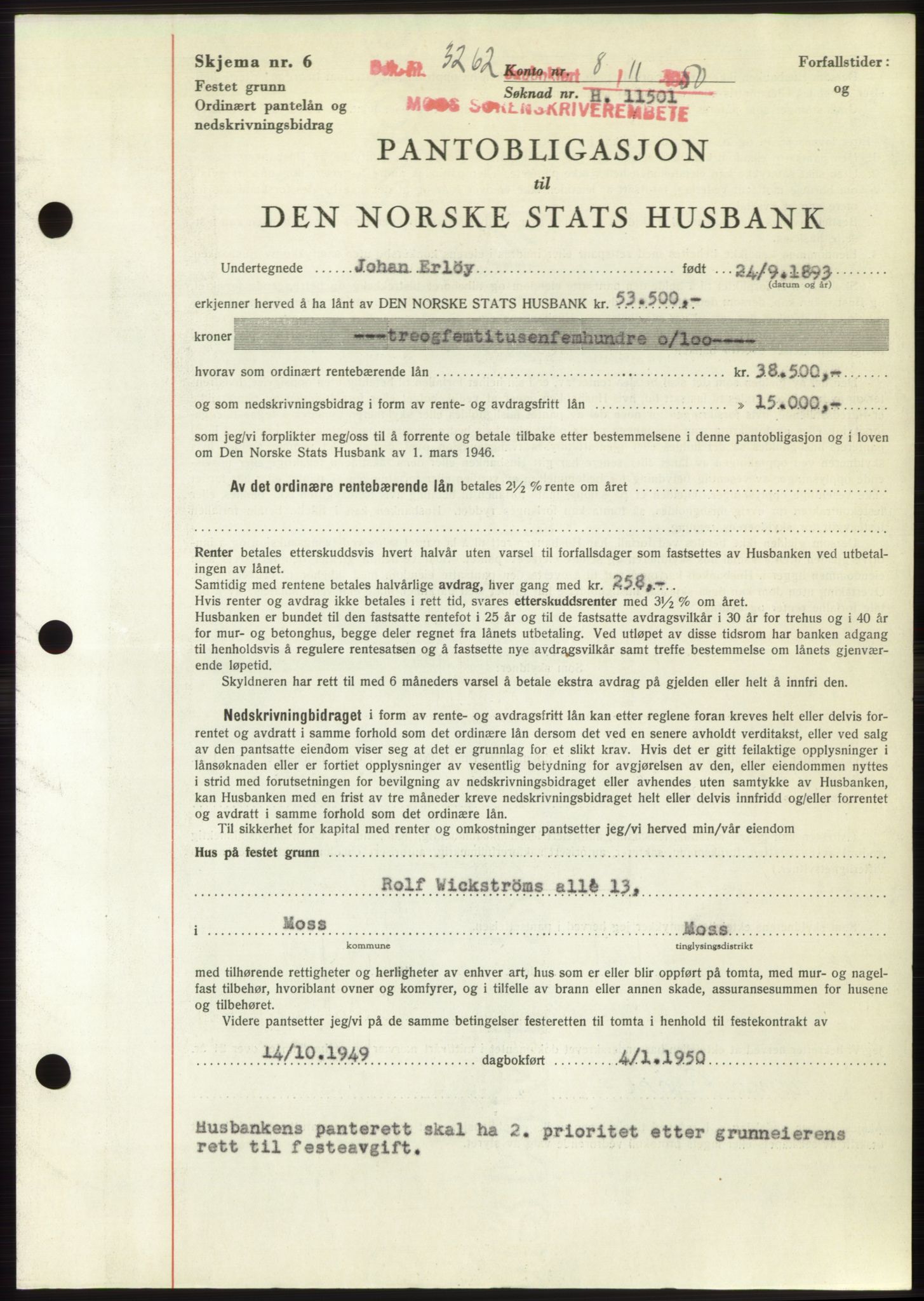 Moss sorenskriveri, SAO/A-10168: Pantebok nr. B25, 1950-1950, Dagboknr: 3262/1950