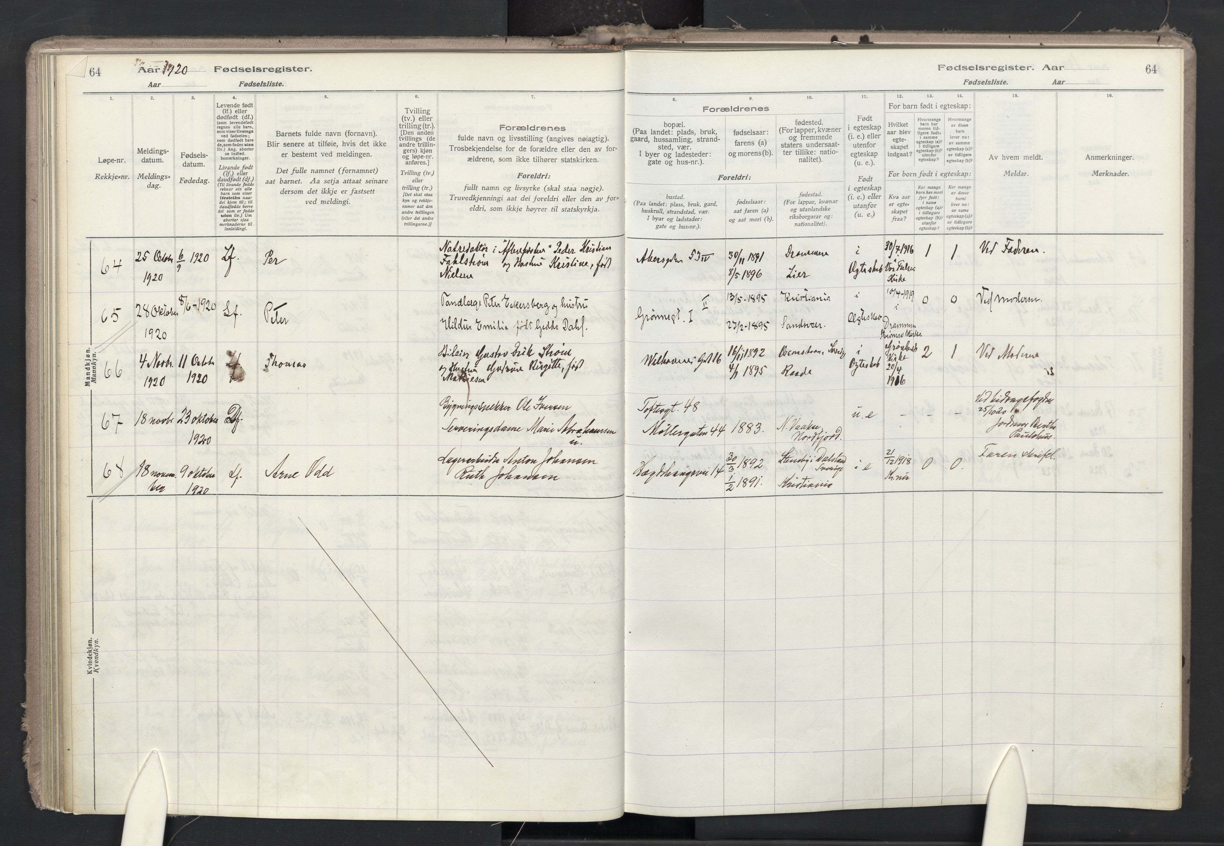 Trefoldighet prestekontor Kirkebøker, AV/SAO-A-10882/J/Ja/L0001: Fødselsregister nr. 1, 1916-1931, s. 64