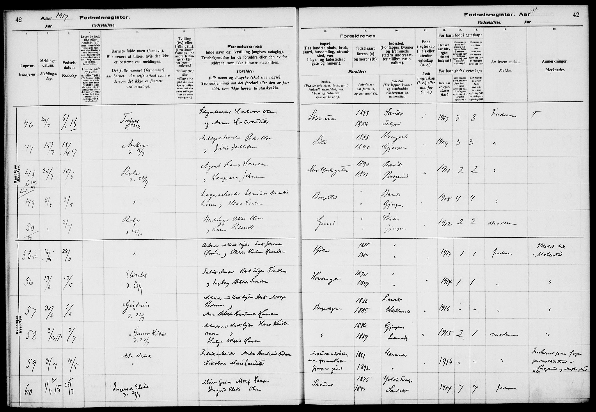 Gjerpen kirkebøker, AV/SAKO-A-265/J/Ja/L0001: Fødselsregister nr. I 1, 1916-1926, s. 42