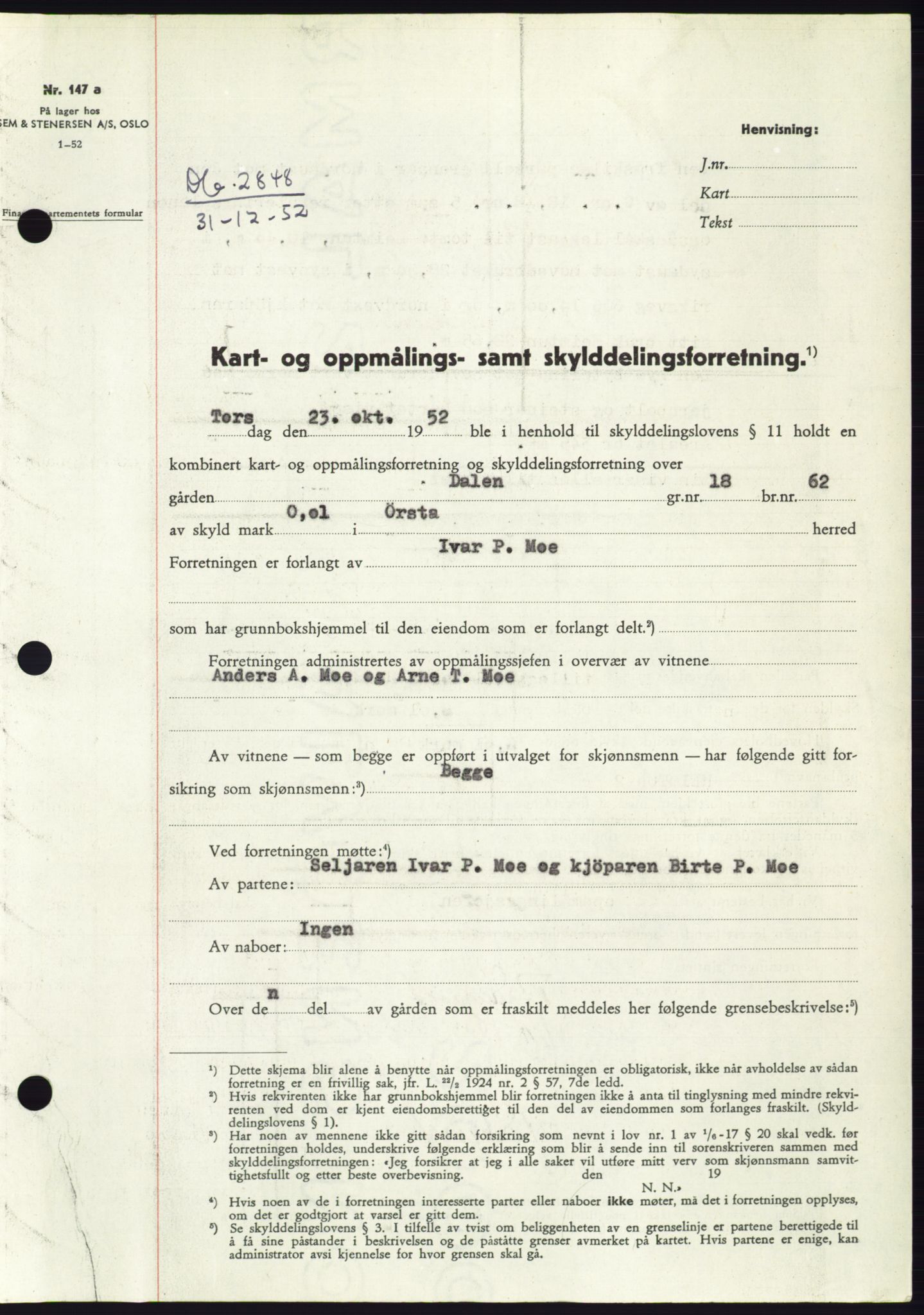 Søre Sunnmøre sorenskriveri, SAT/A-4122/1/2/2C/L0093: Pantebok nr. 19A, 1952-1953, Dagboknr: 2848/1952