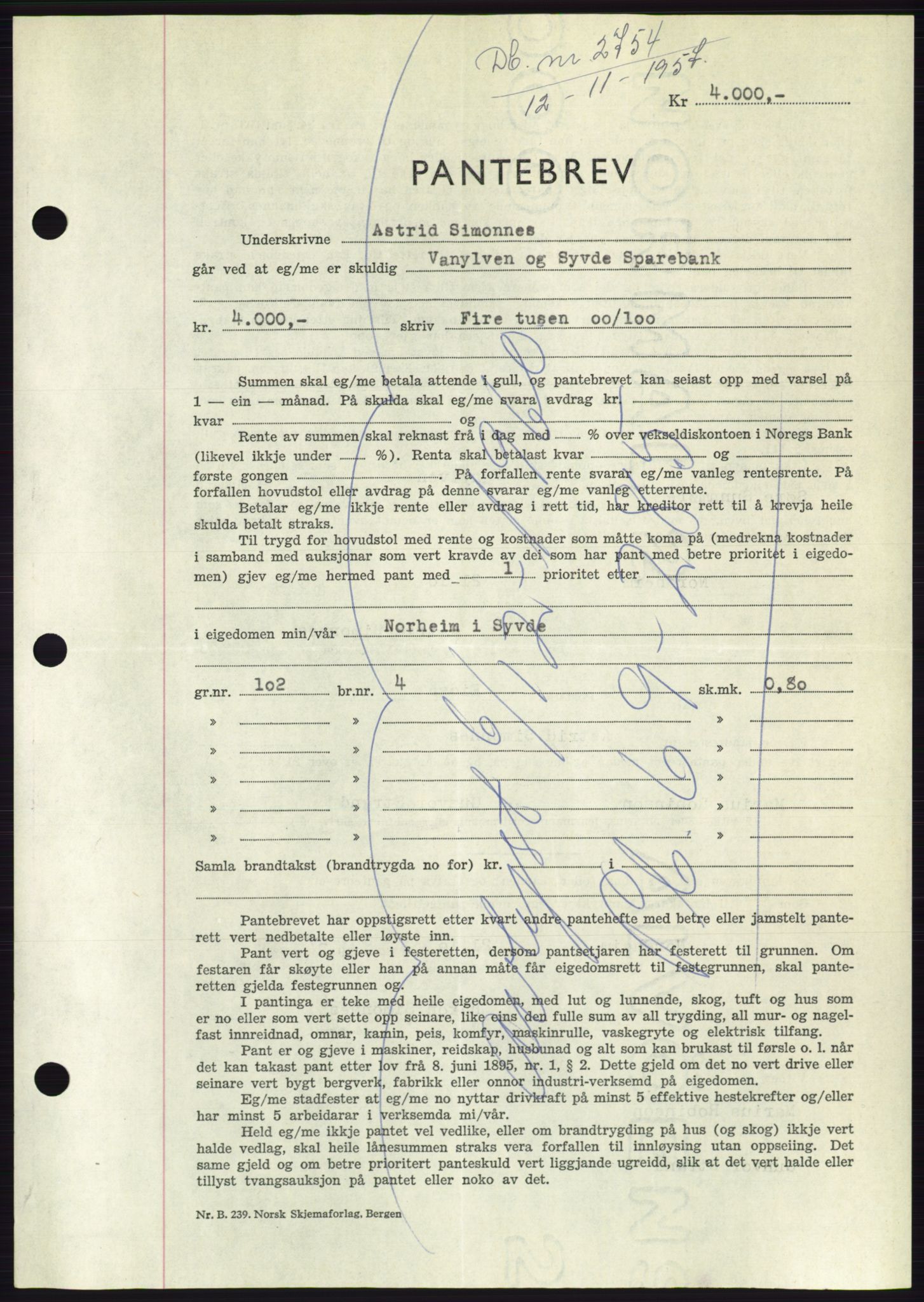 Søre Sunnmøre sorenskriveri, AV/SAT-A-4122/1/2/2C/L0130: Pantebok nr. 18B, 1957-1958, Dagboknr: 2754/1957