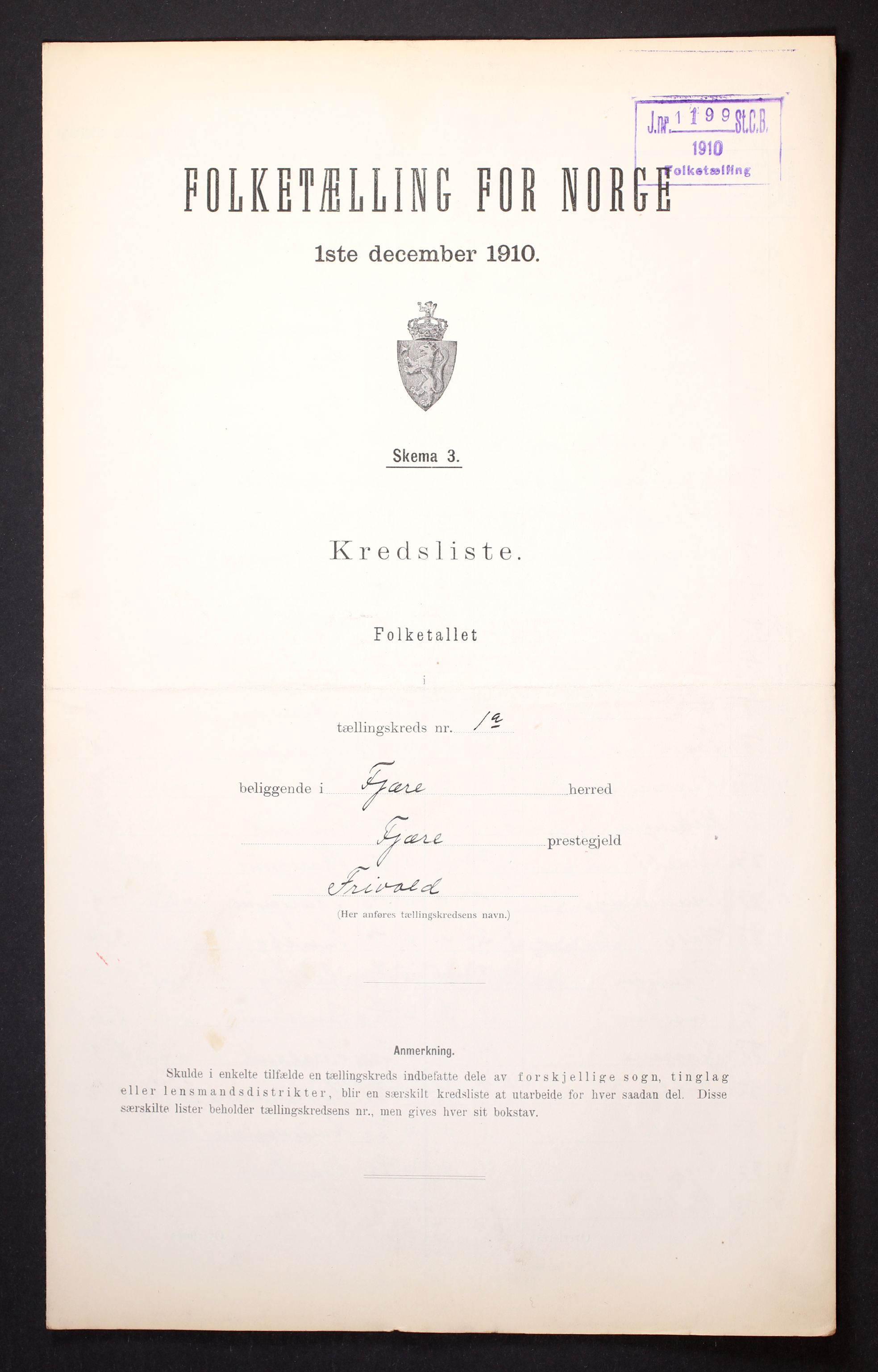 RA, Folketelling 1910 for 0923 Fjære herred, 1910, s. 4