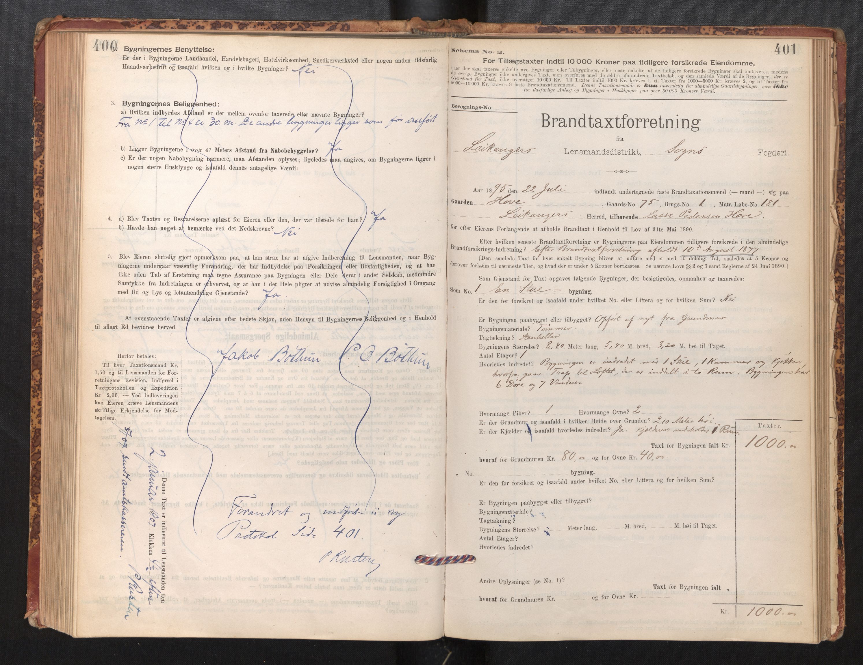 Lensmannen i Leikanger, SAB/A-29201/0012/L0004: Branntakstprotokoll, skjematakst, 1894-1903, s. 400-401