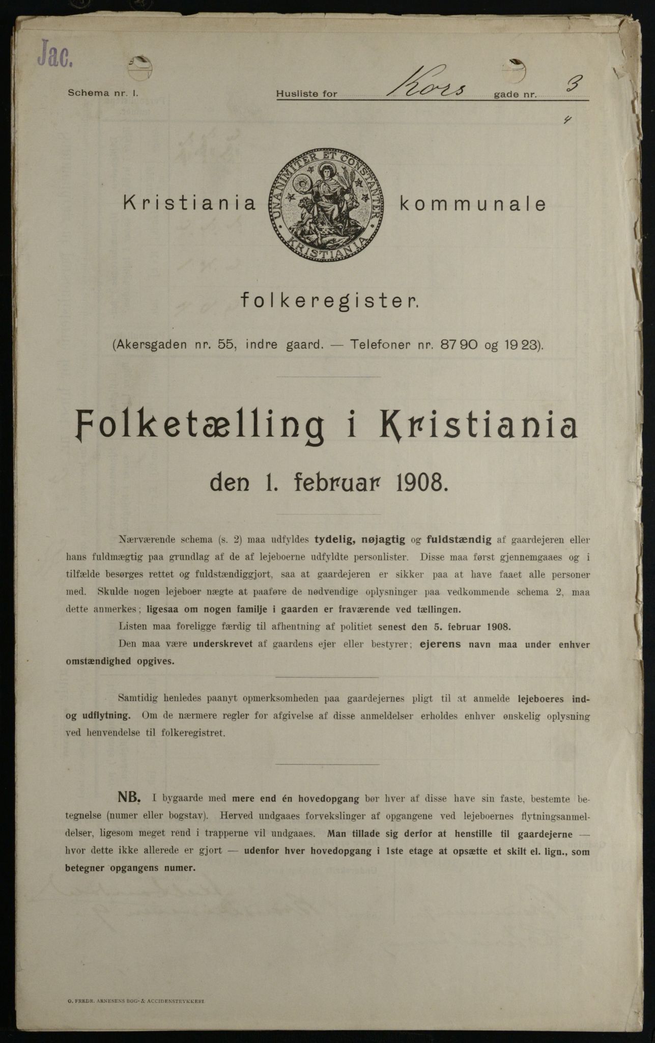 OBA, Kommunal folketelling 1.2.1908 for Kristiania kjøpstad, 1908, s. 47855